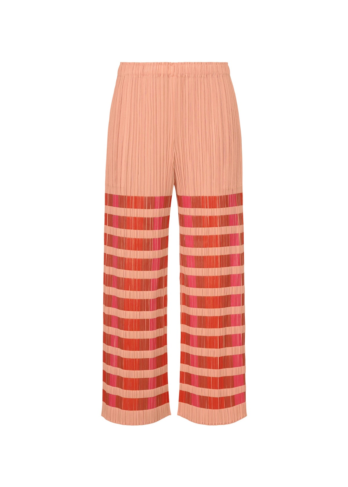 The BUMPY BASKET pants by PLEATS PLEASE ISSEY MIYAKE are peach-colored, wide-leg, and pleated with an embossed pattern, striped pink and red designs on the lower half, side pockets, shown against a white background. view 2 of 8