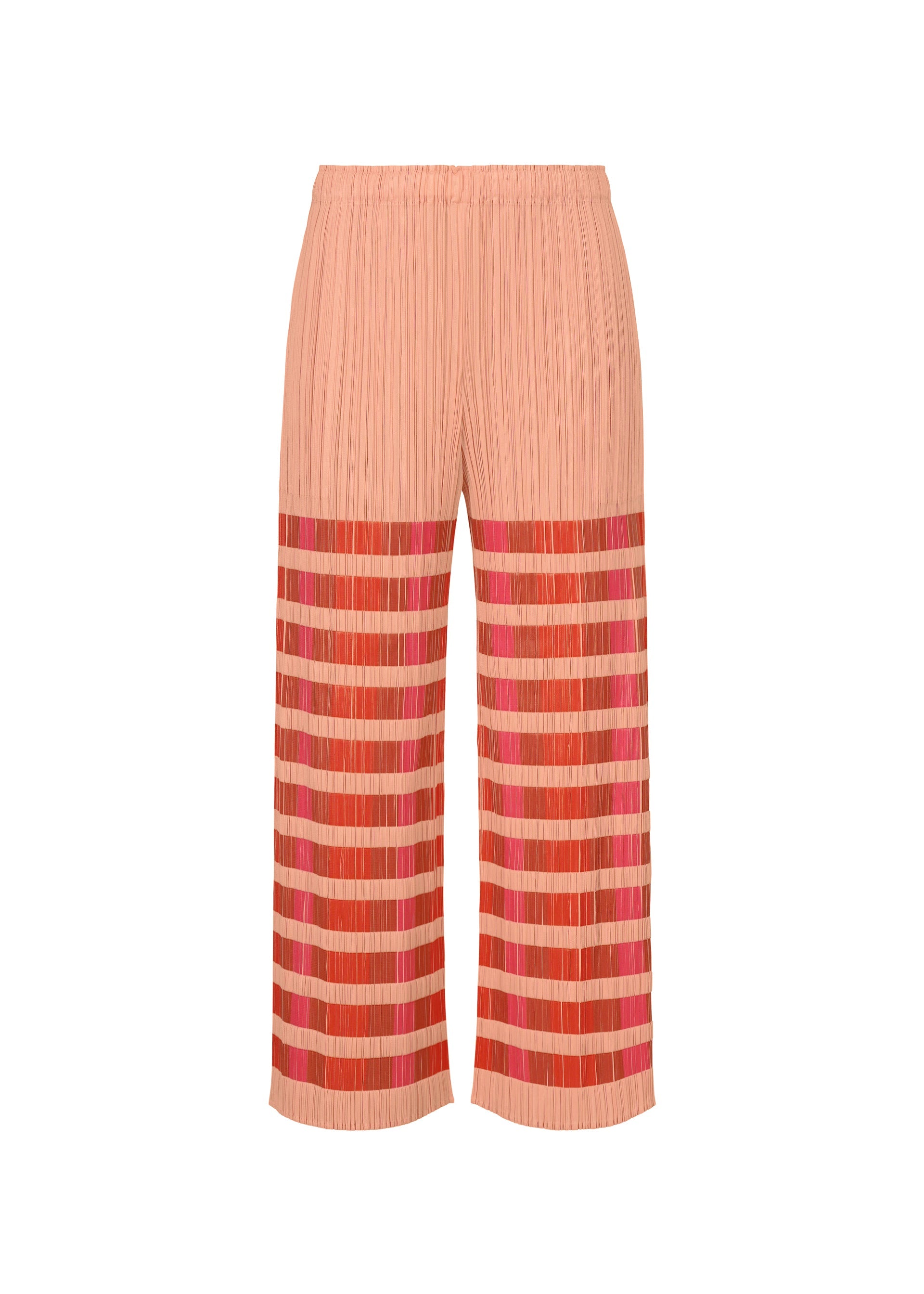 Zoomed view The BUMPY BASKET pants by PLEATS PLEASE ISSEY MIYAKE are peach-colored, wide-leg, and pleated with an embossed pattern, striped pink and red designs on the lower half, side pockets, shown against a white background. - PINK （no.22）