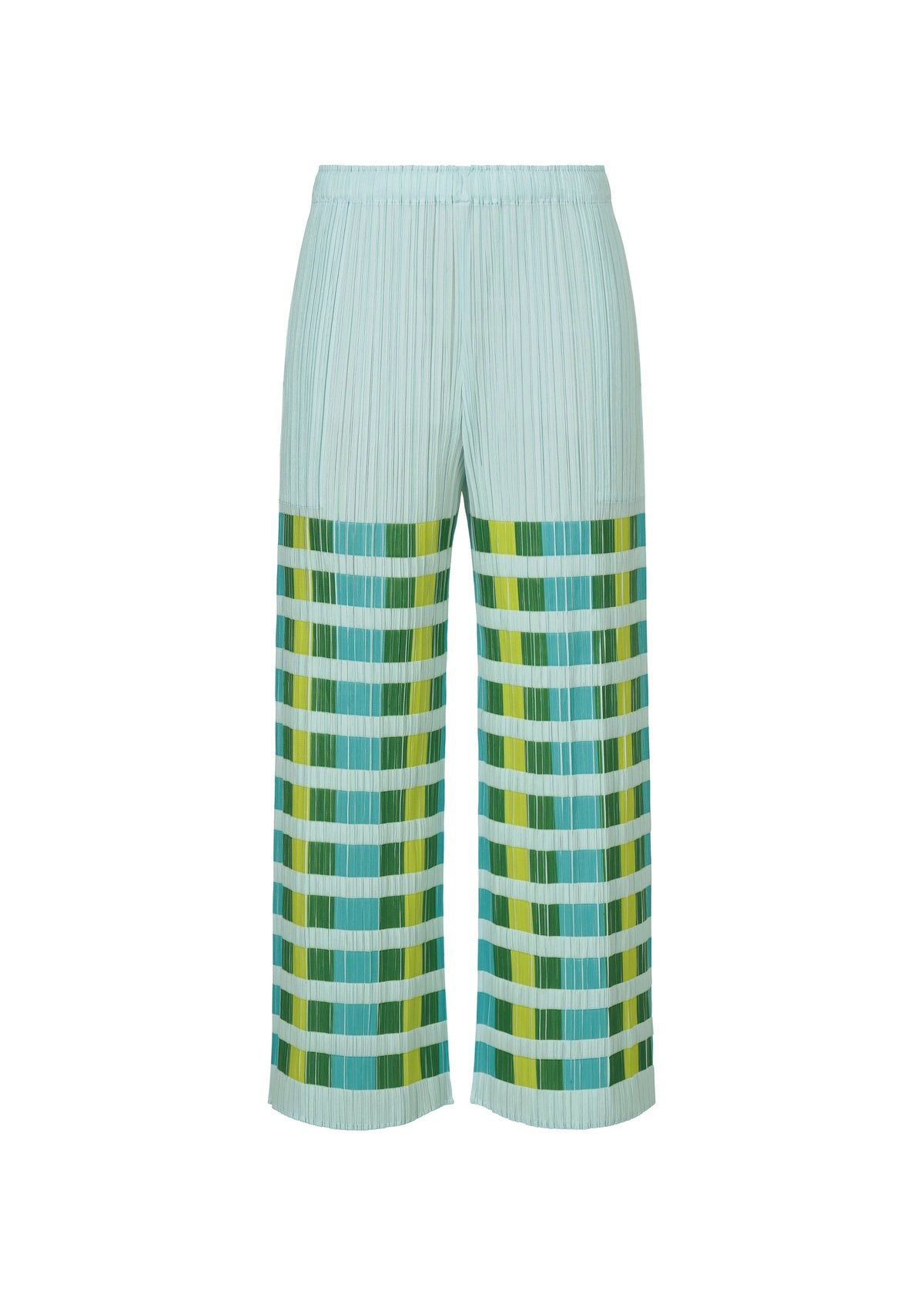 The BUMPY BASKET pants by PLEATS PLEASE ISSEY MIYAKE feature a light blue pleated design with an elastic waistband, side pockets, and horizontal stripes in blue, green, and yellow on the lower half. view 3 of 8