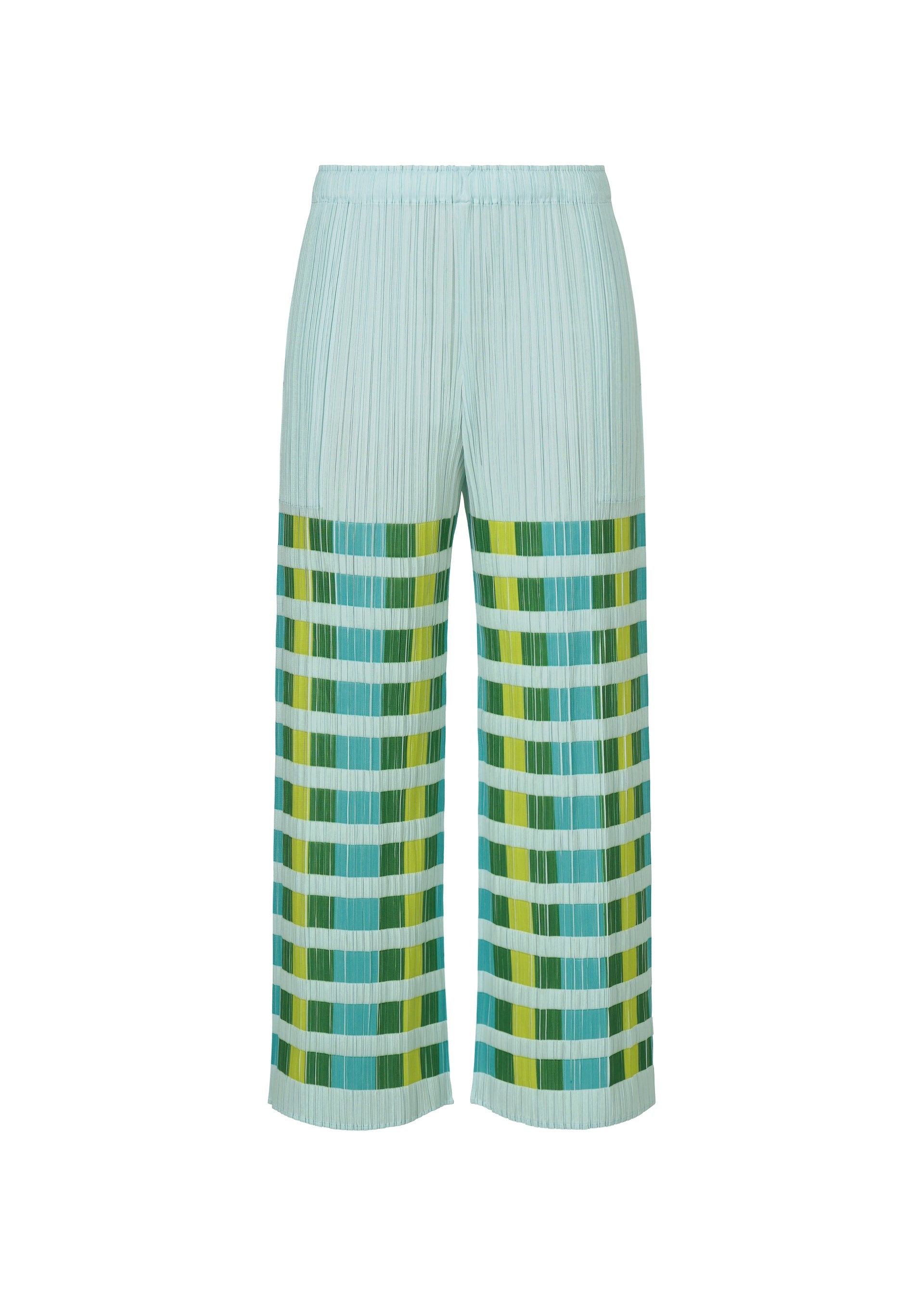 Zoomed view The BUMPY BASKET pants by PLEATS PLEASE ISSEY MIYAKE feature a light blue pleated design with an elastic waistband, side pockets, and horizontal stripes in blue, green, and yellow on the lower half. - GREEN （no.62）