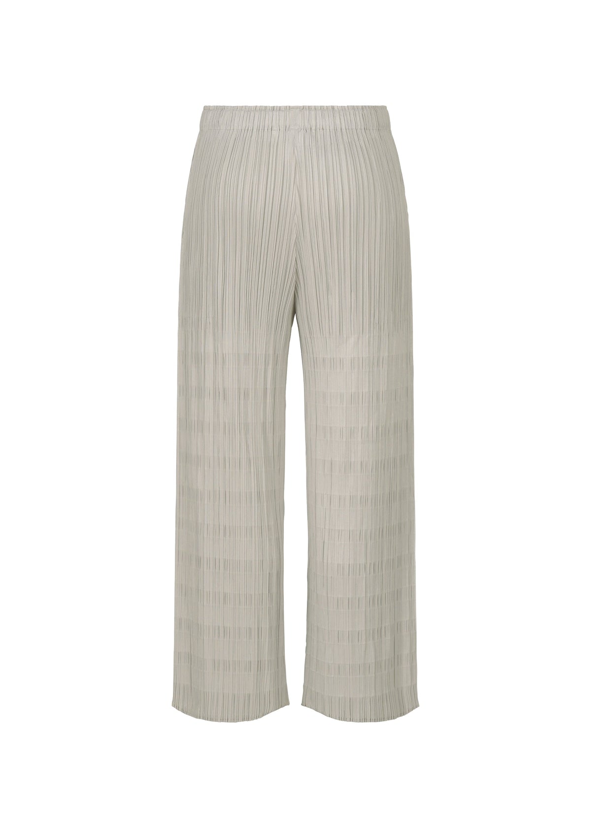The BUMPY BASKET wide-leg pants by PLEATS PLEASE ISSEY MIYAKE feature a light grey hue, elastic waistband, side pockets, ankle-cropped length, and a subtle embossed pattern, shown against a white background. view 4 of 8