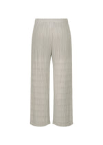 The BUMPY BASKET wide-leg pants by PLEATS PLEASE ISSEY MIYAKE feature a light grey hue, elastic waistband, side pockets, ankle-cropped length, and a subtle embossed pattern, shown against a white background.