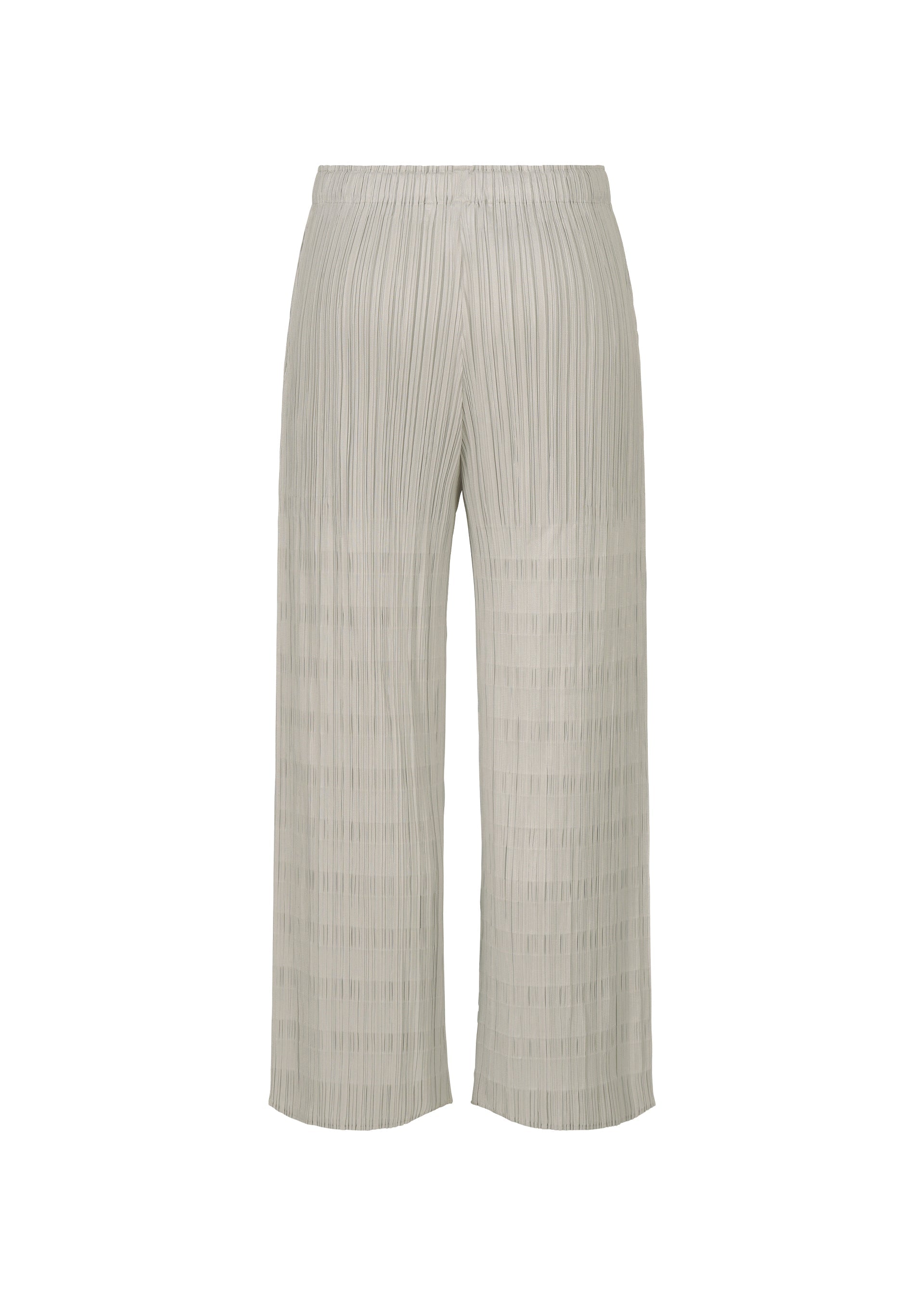 Zoomed view The BUMPY BASKET wide-leg pants by PLEATS PLEASE ISSEY MIYAKE feature a light grey hue, elastic waistband, side pockets, ankle-cropped length, and a subtle embossed pattern, shown against a white background.