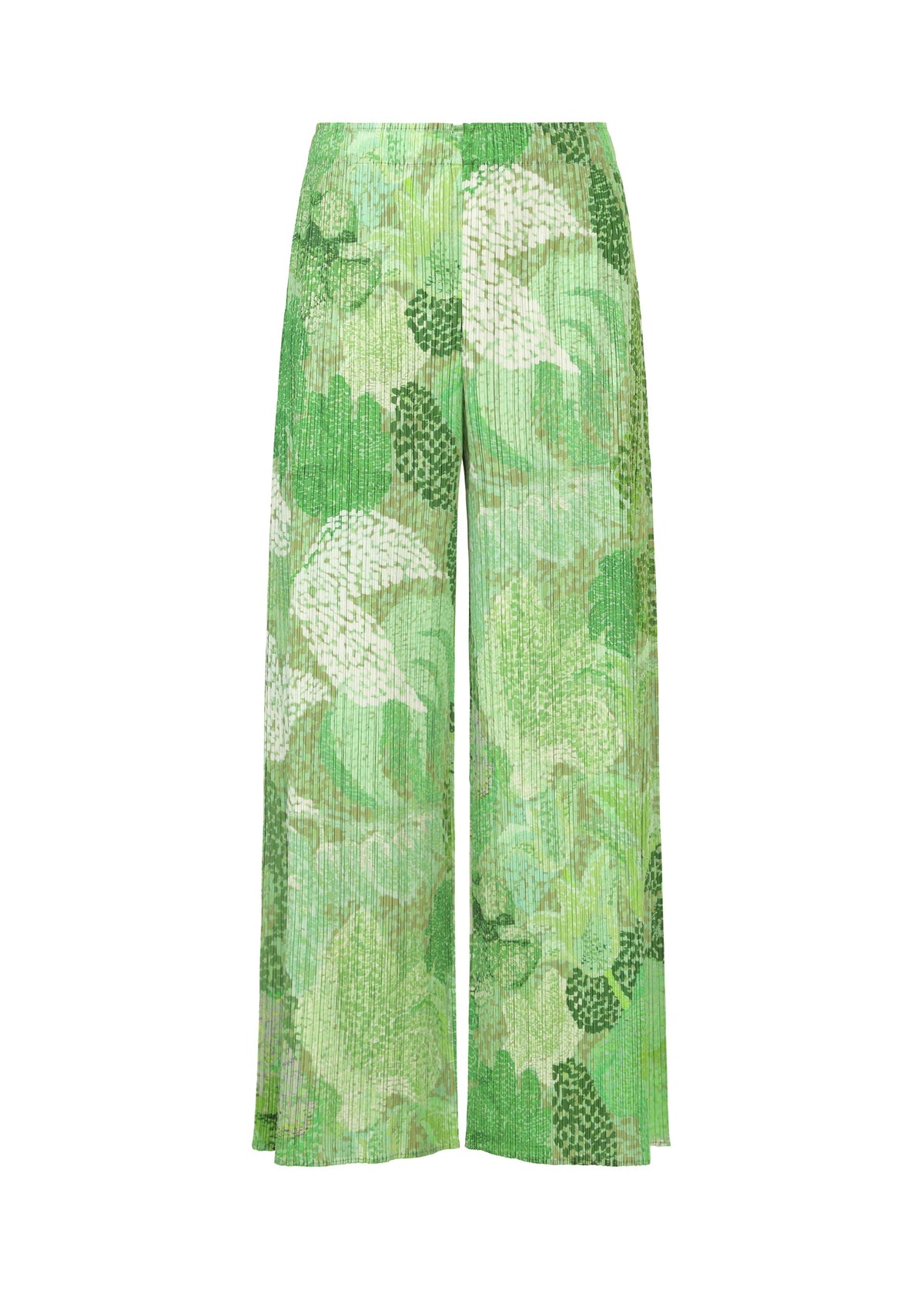 FOGGY FOREST wide-leg pants by PLEATS PLEASE ISSEY MIYAKE feature a high waist and a green and white abstract leafy pattern in pointillism gradation on pleated fabric, offering a relaxed, flowing silhouette. view 2 of 7