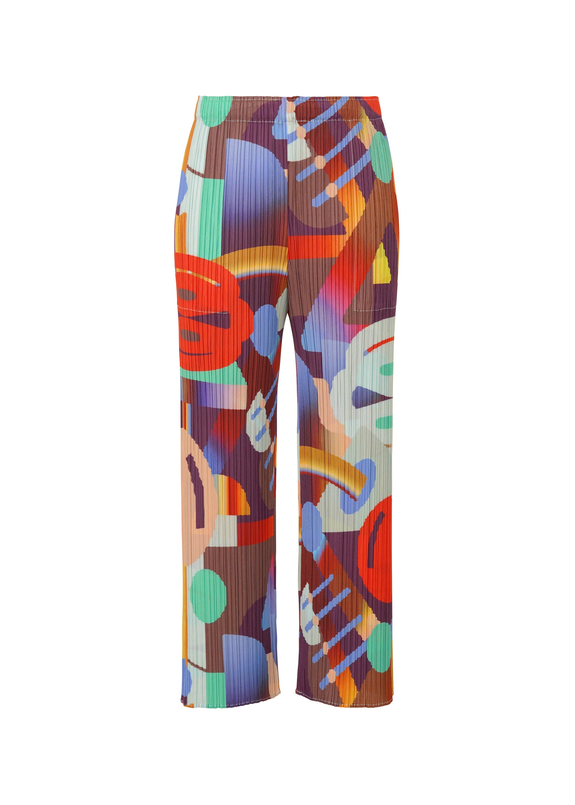 Zoomed view PLAYGROUND by PLEATS PLEASE ISSEY MIYAKE: Bold geometric straight pants with a high waist and wide-leg fit, featuring a playful mix of red, blue, green, orange, and purple shapes on a brown background. - RED （no.24）