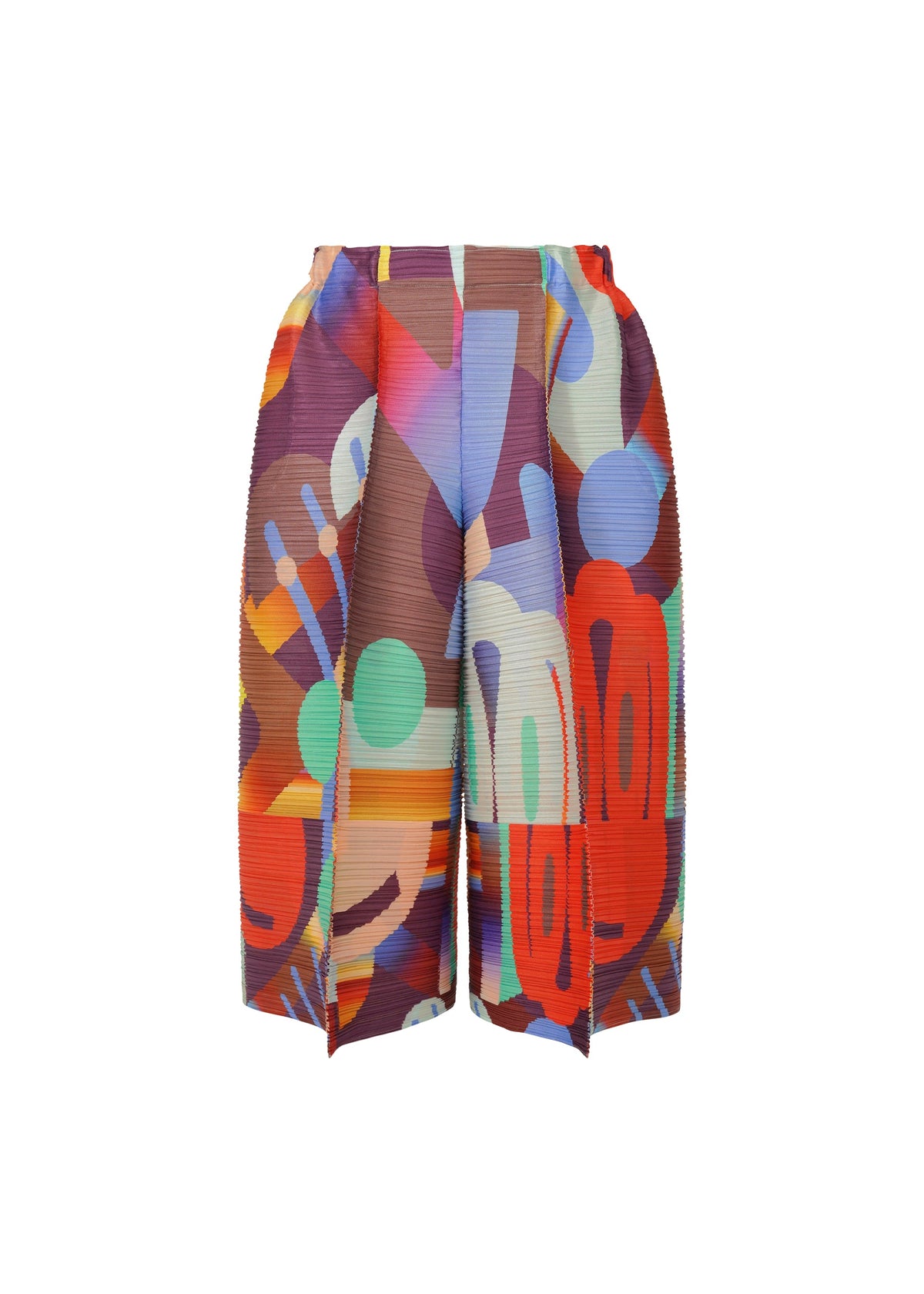 The PLAYGROUND pleated shorts by PLEATS PLEASE ISSEY MIYAKE showcase a lively abstract geometric print in red, blue, green, orange, and purple on crisp white. view 1 of 8
