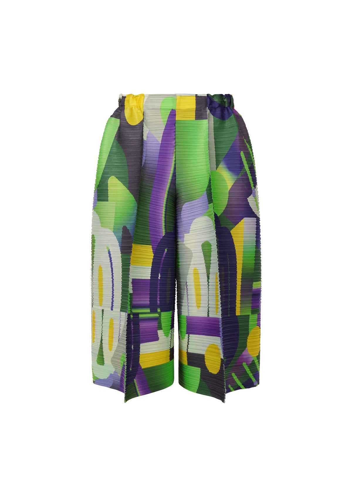 PLAYGROUND shorts by PLEATS PLEASE ISSEY MIYAKE feature colorful pleats with a playful green, yellow, purple, black, and white abstract geometric pattern, shown against a white background. view 2 of 8