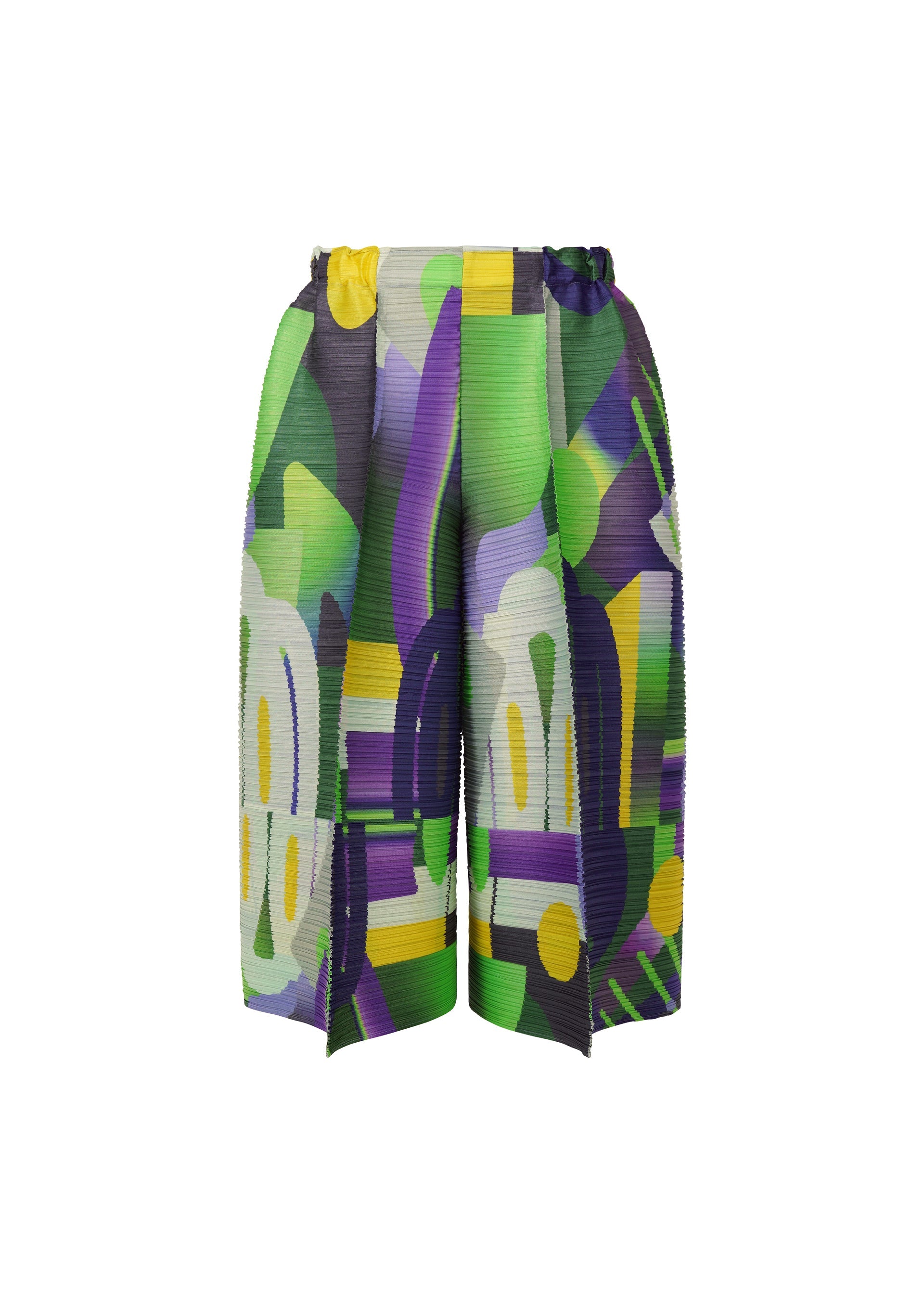 Zoomed view PLAYGROUND shorts by PLEATS PLEASE ISSEY MIYAKE feature colorful pleats with a playful green, yellow, purple, black, and white abstract geometric pattern, shown against a white background. - PURPLE （no.81）