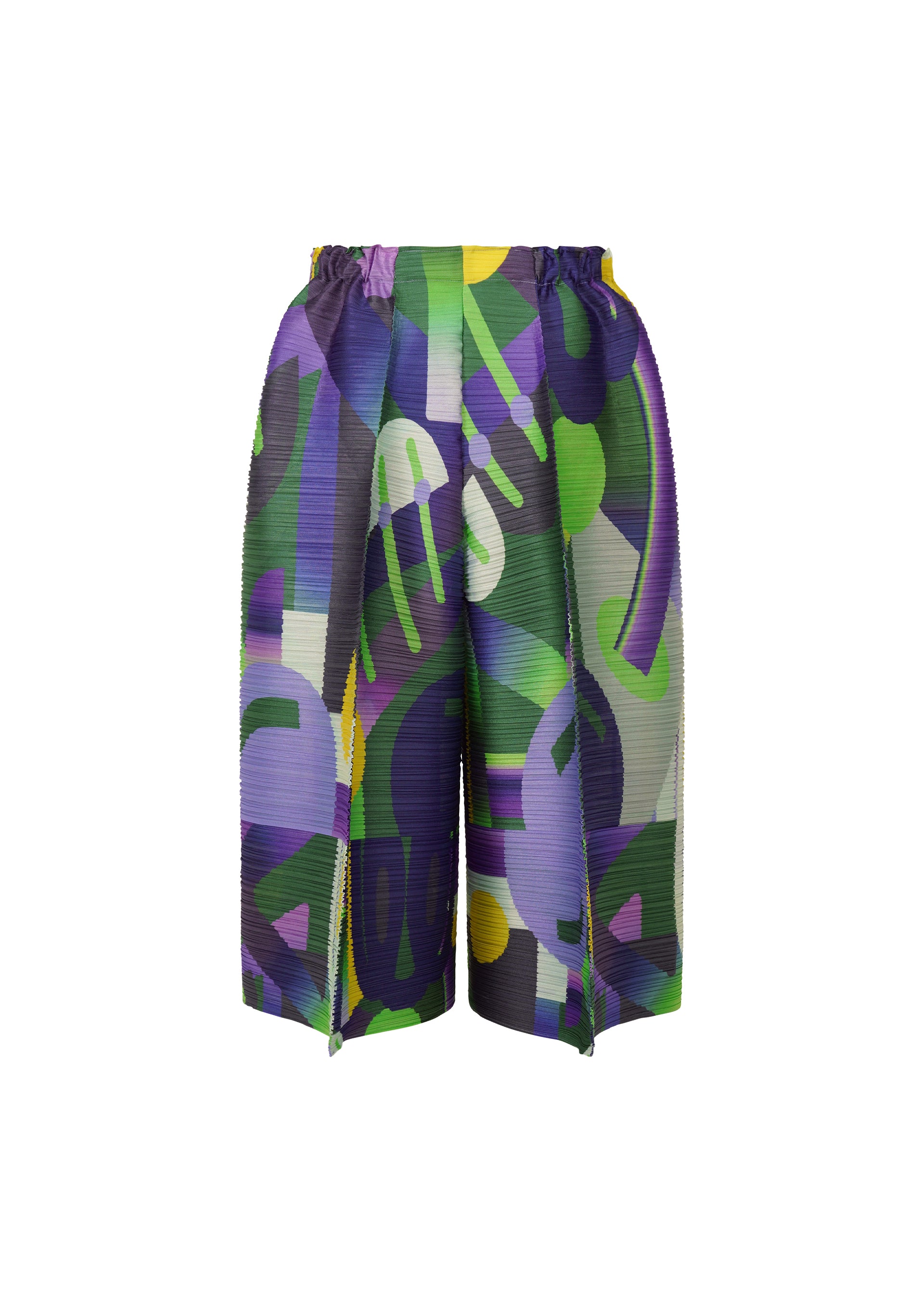 Zoomed view PLAYGROUND knee-length pleated shorts by PLEATS PLEASE ISSEY MIYAKE, featuring a vibrant geometric pattern in green, purple, yellow, and gray, showcased on a plain white background.