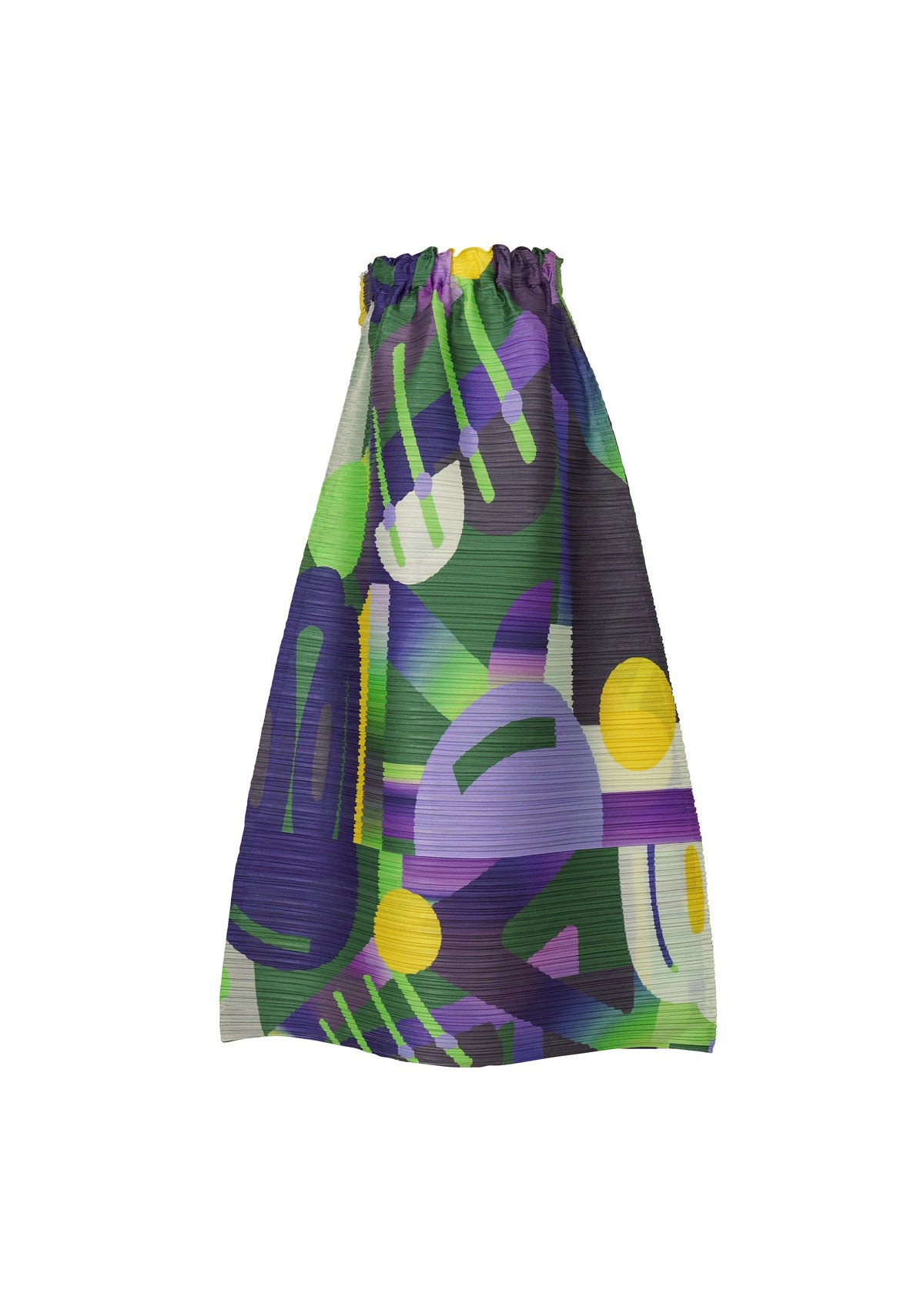 The PLAYGROUND drawstring bag by PLEATS PLEASE ISSEY MIYAKE features a playful abstract geometric print in green, purple, yellow, and white on textured fabric. view 4 of 8