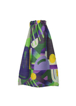 The PLAYGROUND drawstring bag by PLEATS PLEASE ISSEY MIYAKE features a playful abstract geometric print in green, purple, yellow, and white on textured fabric.