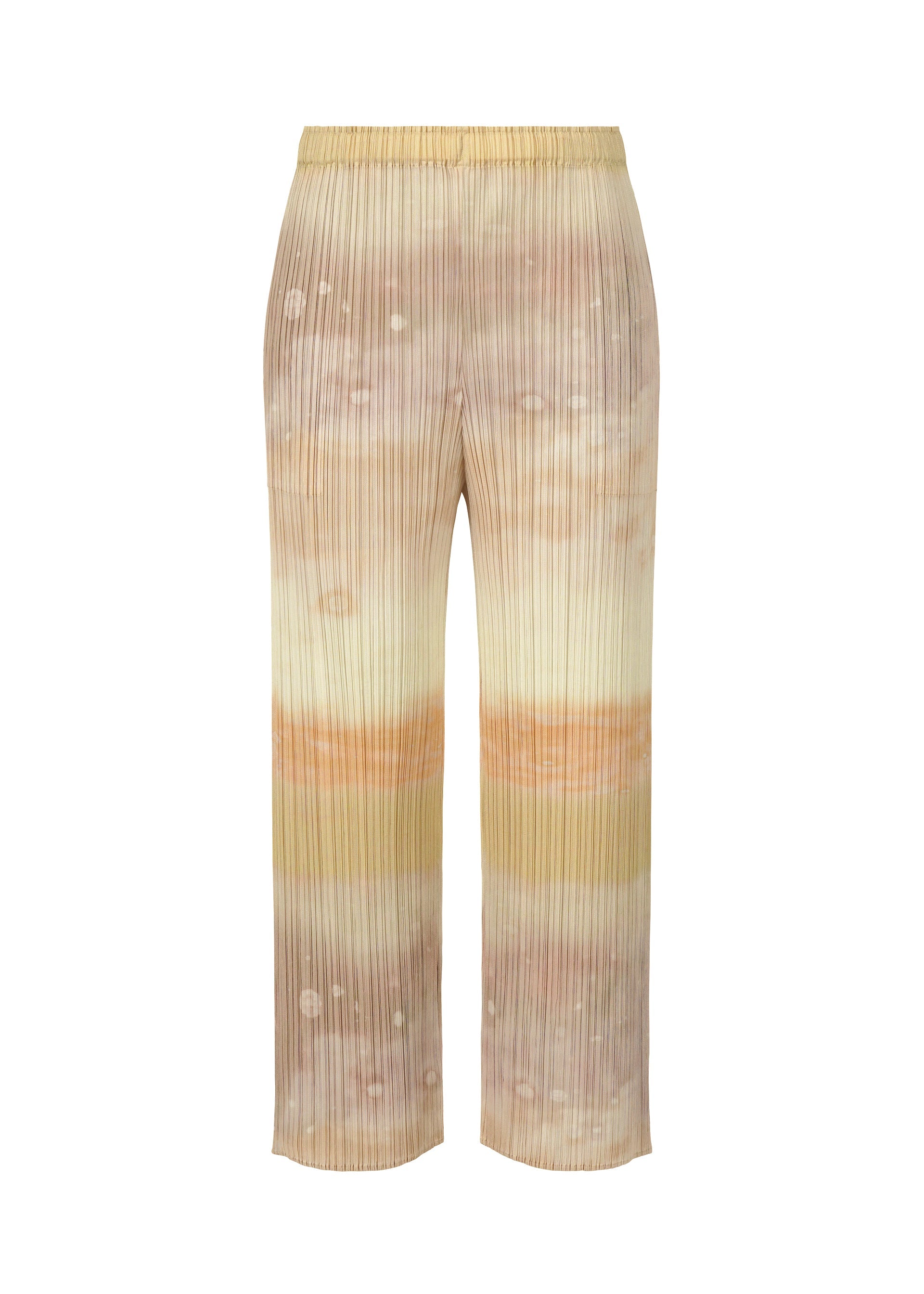 Zoomed view SEA BUBBLE wide-leg pleated straight pants by PLEATS PLEASE ISSEY MIYAKE feature an elastic waistband and a beach-inspired blue beige, cream, and light brown gradient tie-dye with subtle circular accents. - GREIGE （no.42）