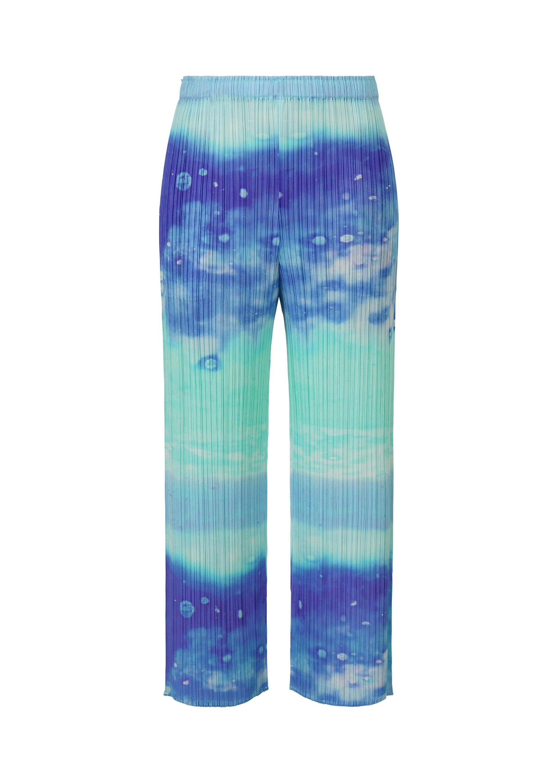 Zoomed view SEA BUBBLE by PLEATS PLEASE ISSEY MIYAKE are pleated, straight pants with a blue and turquoise tie-dye pattern accented by white and beige, evoking a beachy, watercolor sky effect. - BLUE （no.72）