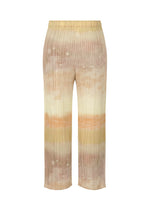 SEA BUBBLE wide-leg pleated pants by PLEATS PLEASE ISSEY MIYAKE feature a high waist and a beach-inspired pastel tie-dye pattern in blue beige, peach, and yellow.