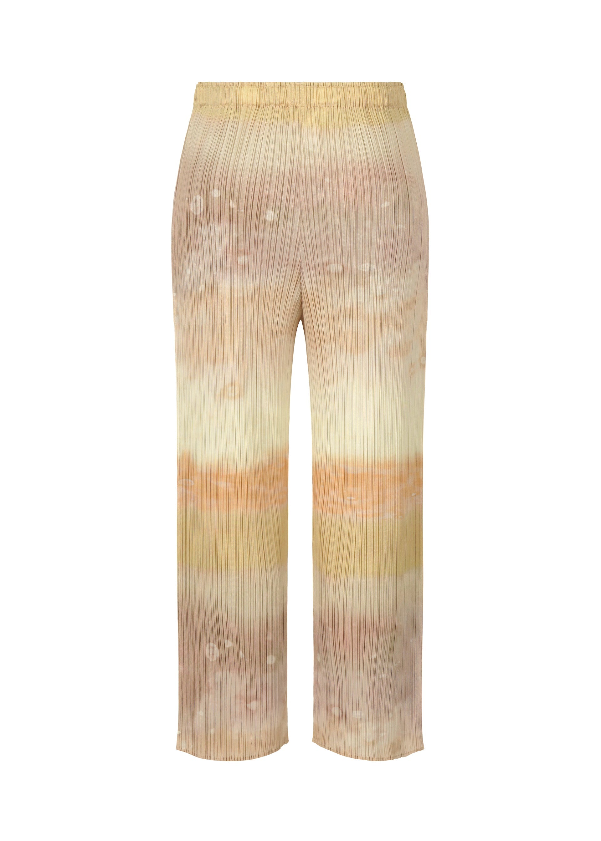 Zoomed view SEA BUBBLE wide-leg pleated pants by PLEATS PLEASE ISSEY MIYAKE feature a high waist and a beach-inspired pastel tie-dye pattern in blue beige, peach, and yellow.