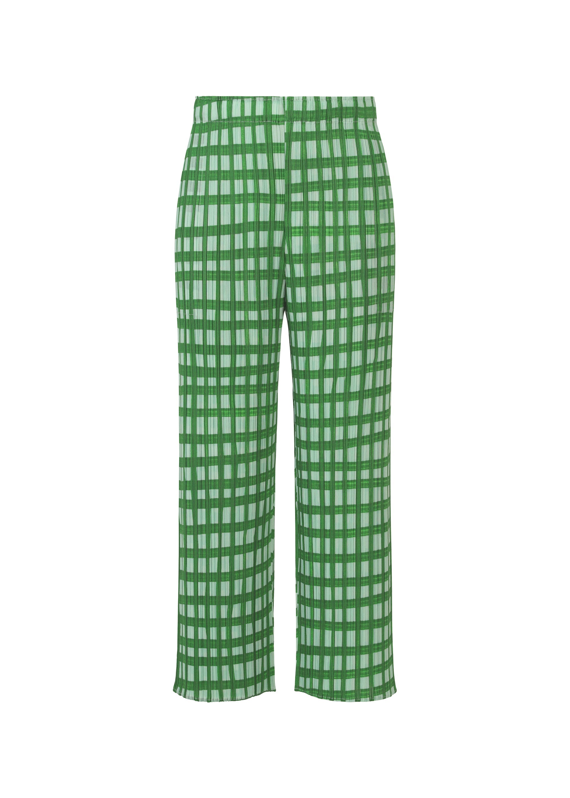 Zoomed view The BASKET wide-leg straight pants by PLEATS PLEASE ISSEY MIYAKE feature a green and white block check print and an elastic waistband, shown on a white background. - GREEN （no.62）