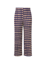 The BASKET pants by PLEATS PLEASE ISSEY MIYAKE feature a high waist, straight wide-leg fit, beige and navy blue block check print, side pockets, and a cropped hem for a modern look. - NAVY （no.75）