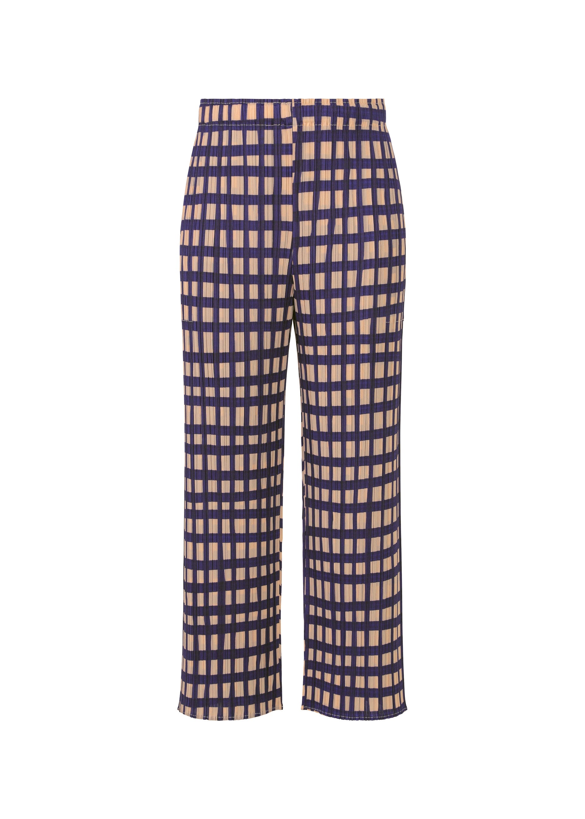 Zoomed view The BASKET pants by PLEATS PLEASE ISSEY MIYAKE feature a high waist, straight wide-leg fit, beige and navy blue block check print, side pockets, and a cropped hem for a modern look. - NAVY （no.75）
