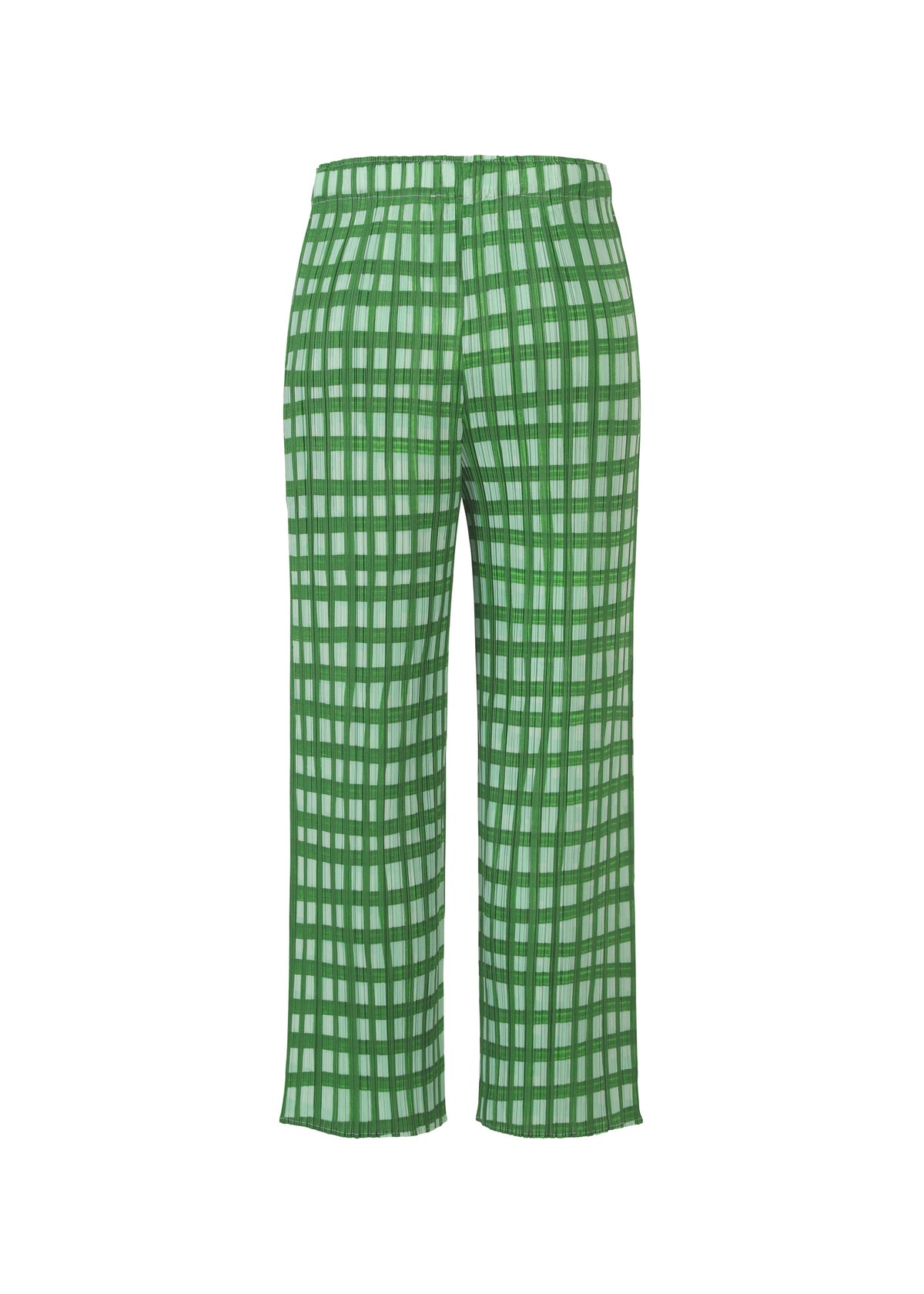 BASKET straight pants by PLEATS PLEASE ISSEY MIYAKE in green and white with a bold block check print, displayed from the front on a plain white background. view 3 of 6