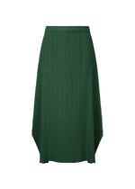 The MONTHLY COLORS : MARCH skirt by PLEATS PLEASE ISSEY MIYAKE is a dark green, pleated midi flared skirt with an elastic waistband and asymmetrical hem, shown on a white background. - DARK GREEN （no.67）