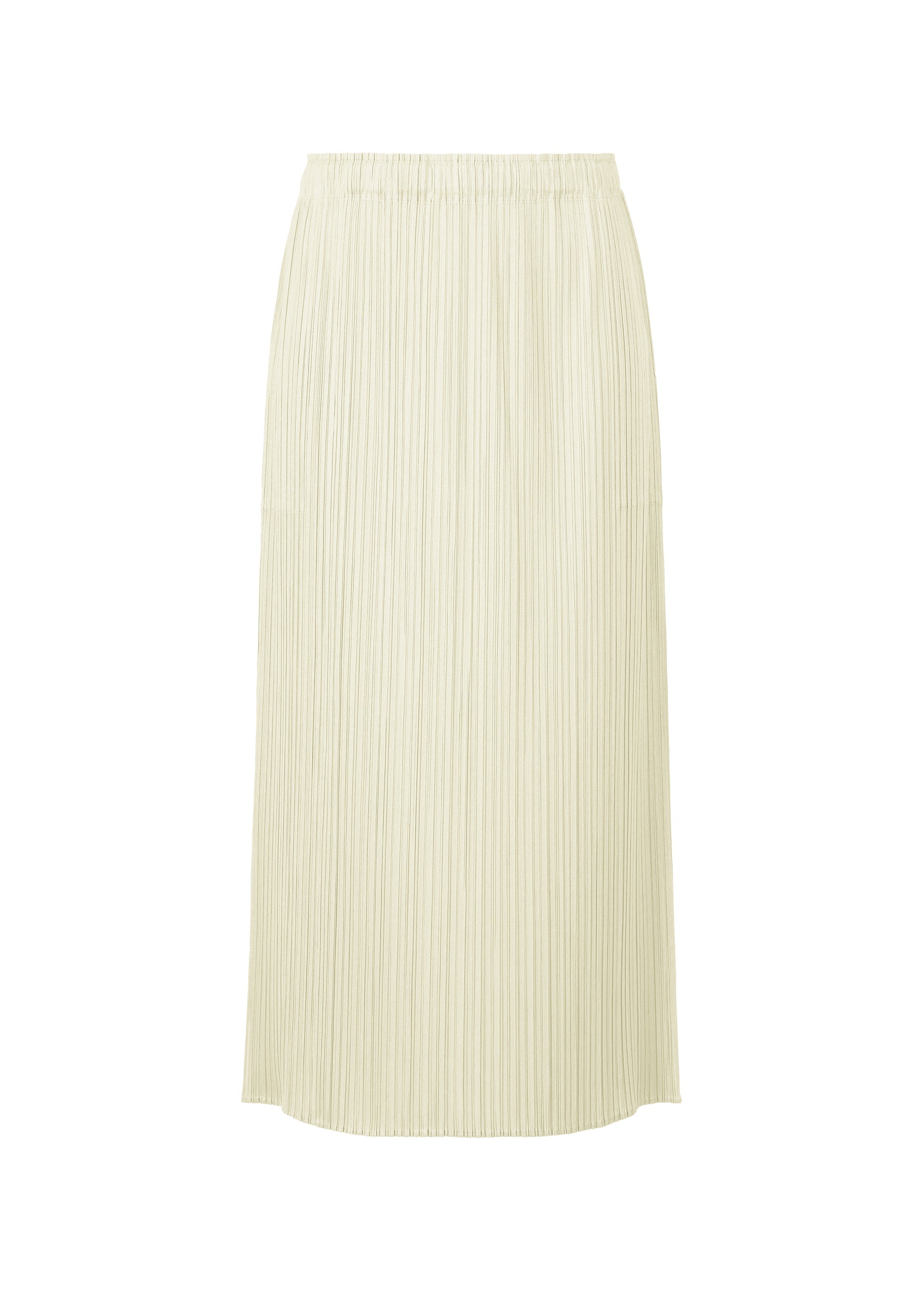Zoomed view The MONTHLY COLORS : MAY skirt by PLEATS PLEASE ISSEY MIYAKE is a cream-colored, ankle-length pleated summer piece with an elastic waistband, shown against a plain white backdrop. - IVORY (no.03)