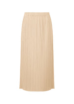 The MONTHLY COLORS : MAY beige pleated midi skirt by PLEATS PLEASE ISSEY MIYAKE features an elastic waistband and is shown on a white background. - SAND BEIGE (no.43)