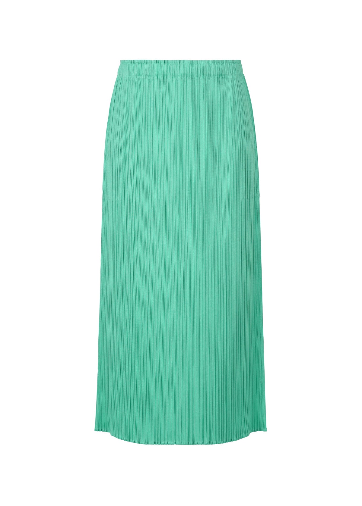 The MONTHLY COLORS : MAY skirt by PLEATS PLEASE ISSEY MIYAKE is a mint green, mid-length pleated summer skirt with an elastic waistband, shown against a white background. view 3 of 11