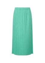 The MONTHLY COLORS : MAY skirt by PLEATS PLEASE ISSEY MIYAKE is a mint green, mid-length pleated summer skirt with an elastic waistband, shown against a white background. - TURQUOISE GREEN (no.66)
