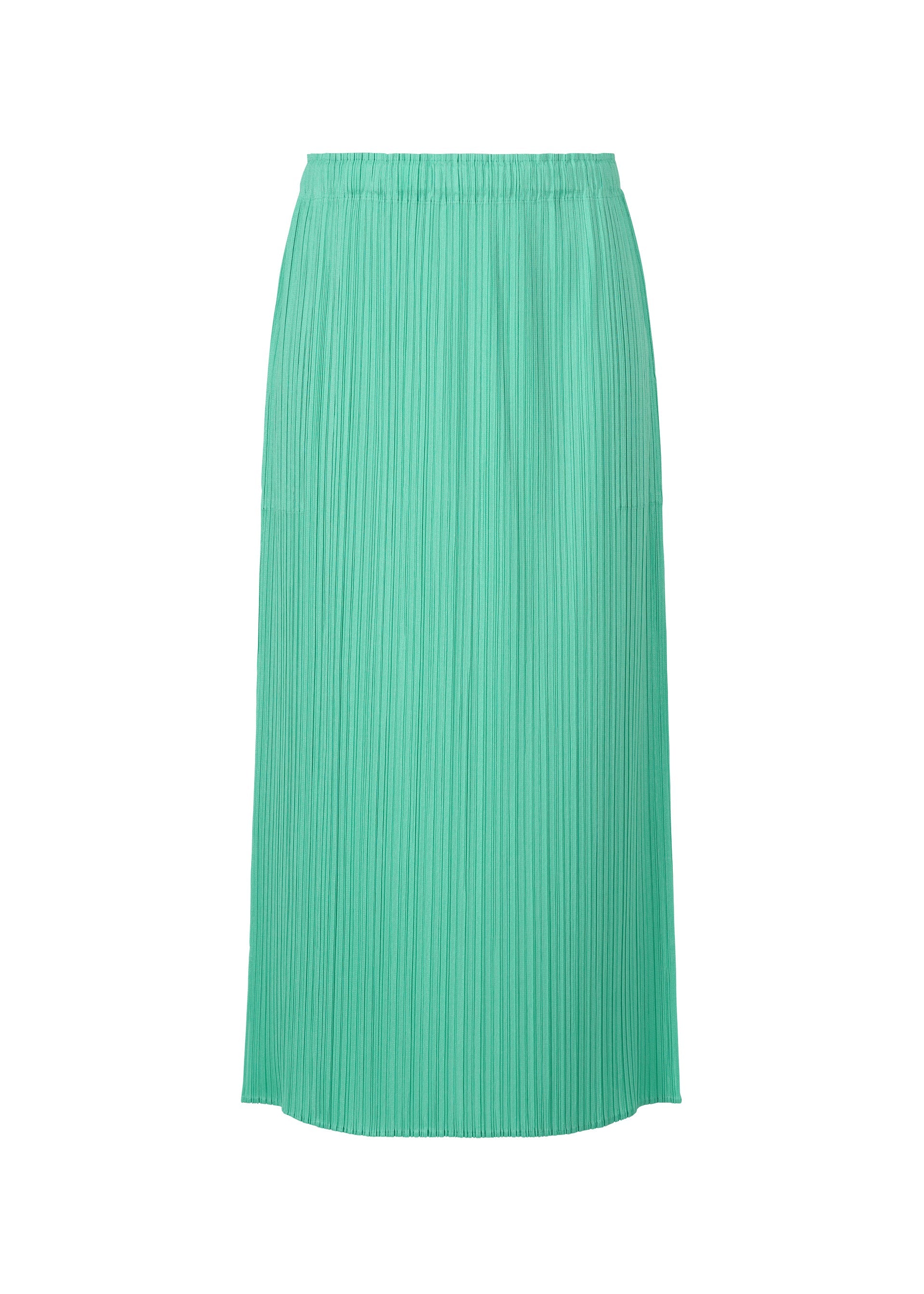 Zoomed view The MONTHLY COLORS : MAY skirt by PLEATS PLEASE ISSEY MIYAKE is a mint green, mid-length pleated summer skirt with an elastic waistband, shown against a white background. - TURQUOISE GREEN (no.66)