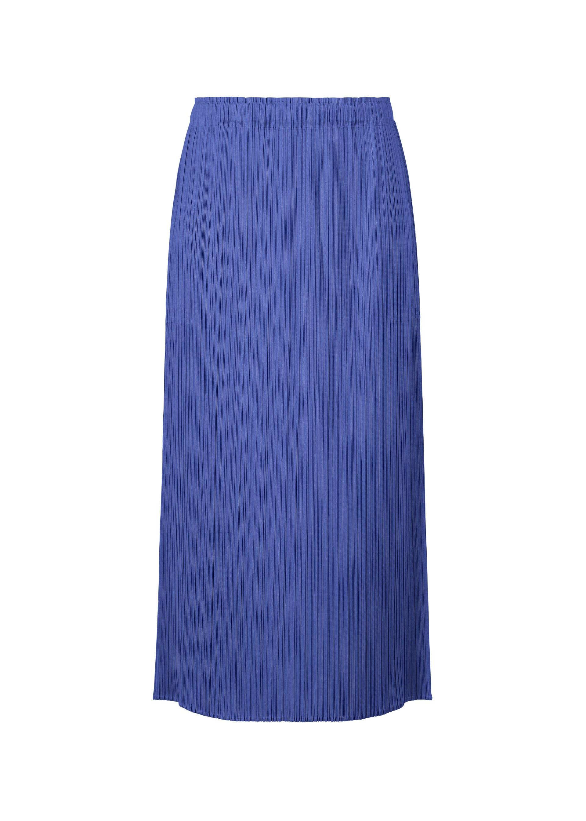 Zoomed view The MONTHLY COLORS : MAY skirt by PLEATS PLEASE ISSEY MIYAKE is a blue, calf-length pleated summer piece with an elastic waistband and subtle color gradation, shown on a plain white background. - BLUE (no.72)