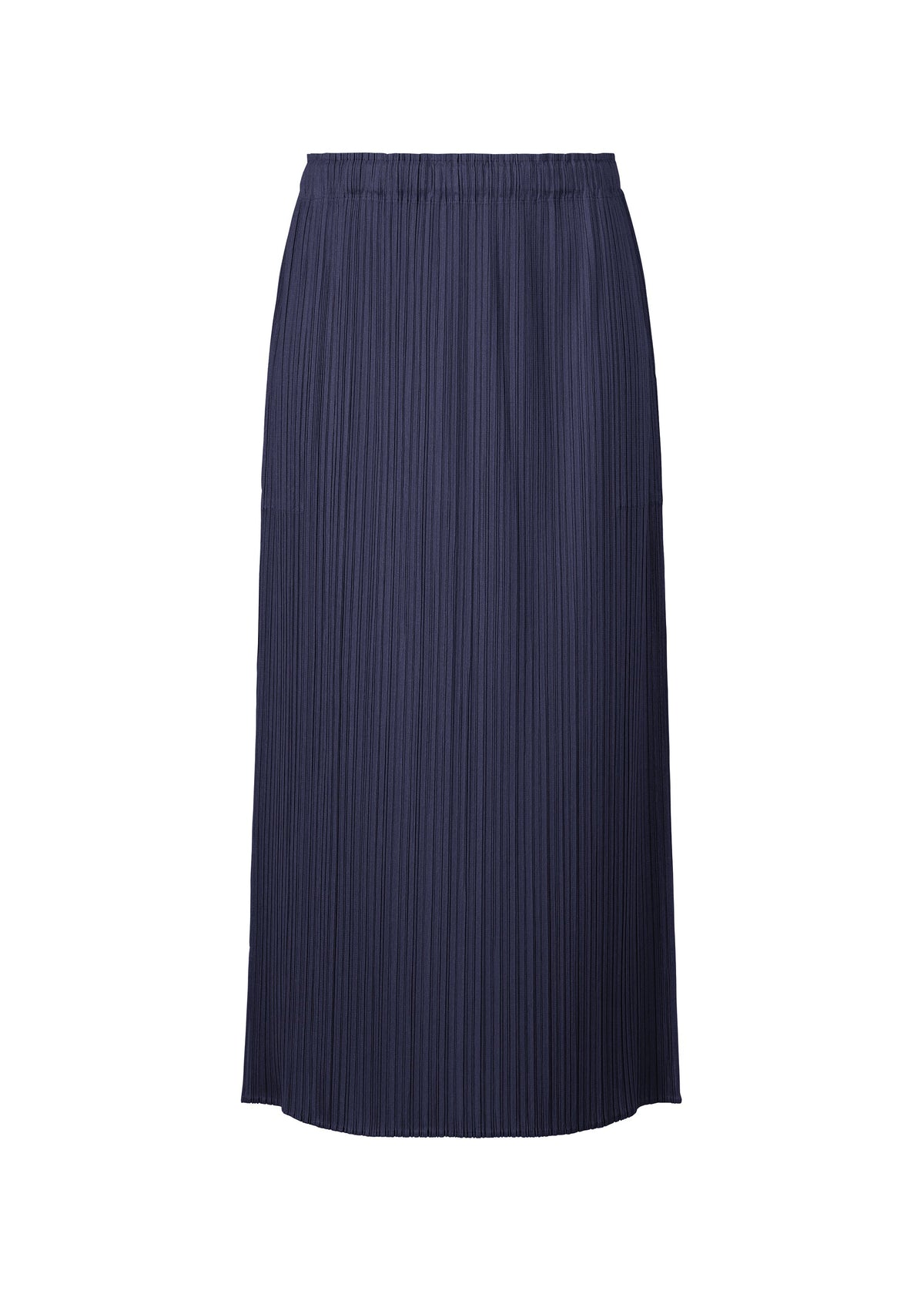 The MONTHLY COLORS : MAY skirt by PLEATS PLEASE ISSEY MIYAKE is a navy blue, pleated midi skirt with an elastic waistband, showcased against a white background. view 5 of 11