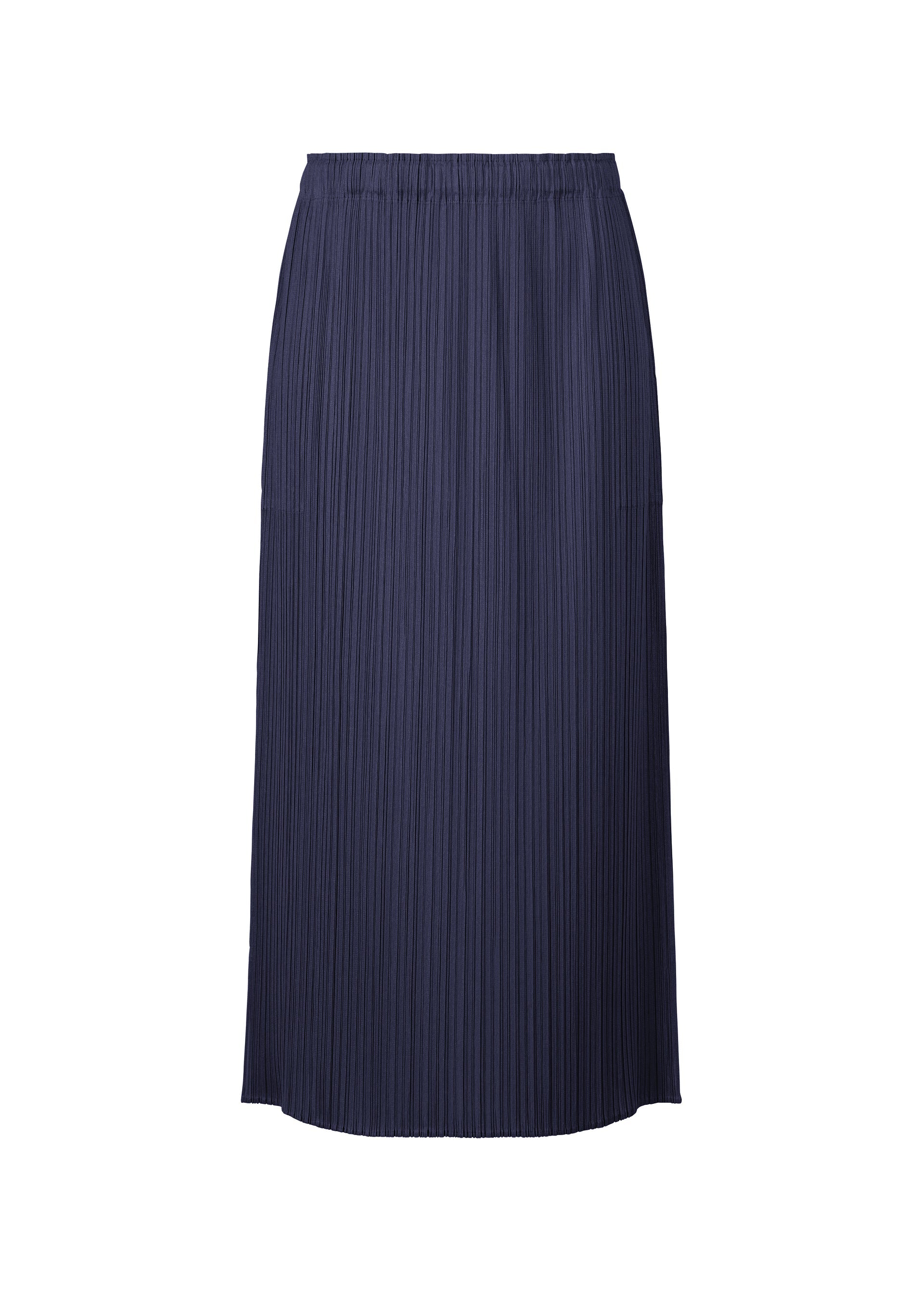 Zoomed view The MONTHLY COLORS : MAY skirt by PLEATS PLEASE ISSEY MIYAKE is a navy blue, pleated midi skirt with an elastic waistband, showcased against a white background. - NAVY (no.75)