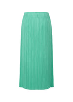 The MONTHLY COLORS : MAY skirt by PLEATS PLEASE ISSEY MIYAKE is a mint green, high-waisted, pleated midi with a straight silhouette, shown against a white background.