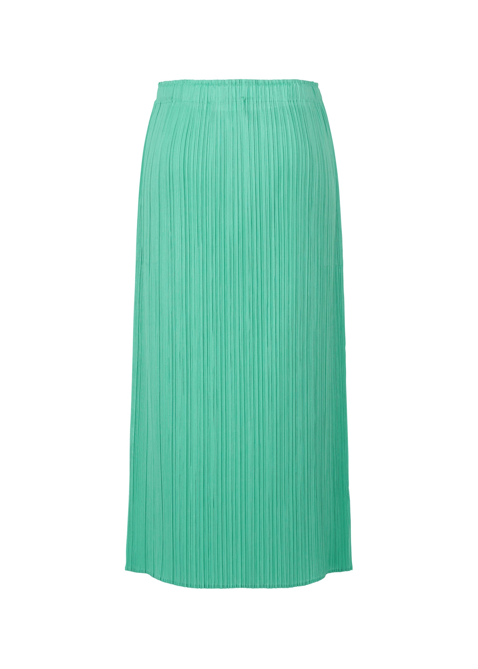 Zoomed view The MONTHLY COLORS : MAY skirt by PLEATS PLEASE ISSEY MIYAKE is a mint green, high-waisted, pleated midi with a straight silhouette, shown against a white background.