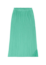 The MONTHLY COLORS : MAY skirt by PLEATS PLEASE ISSEY MIYAKE is a mint green, beach-inspired midi with vertical pleats, an elastic waist, subtle fold at the hem, and a light, flowy texture—ideal for summer days.