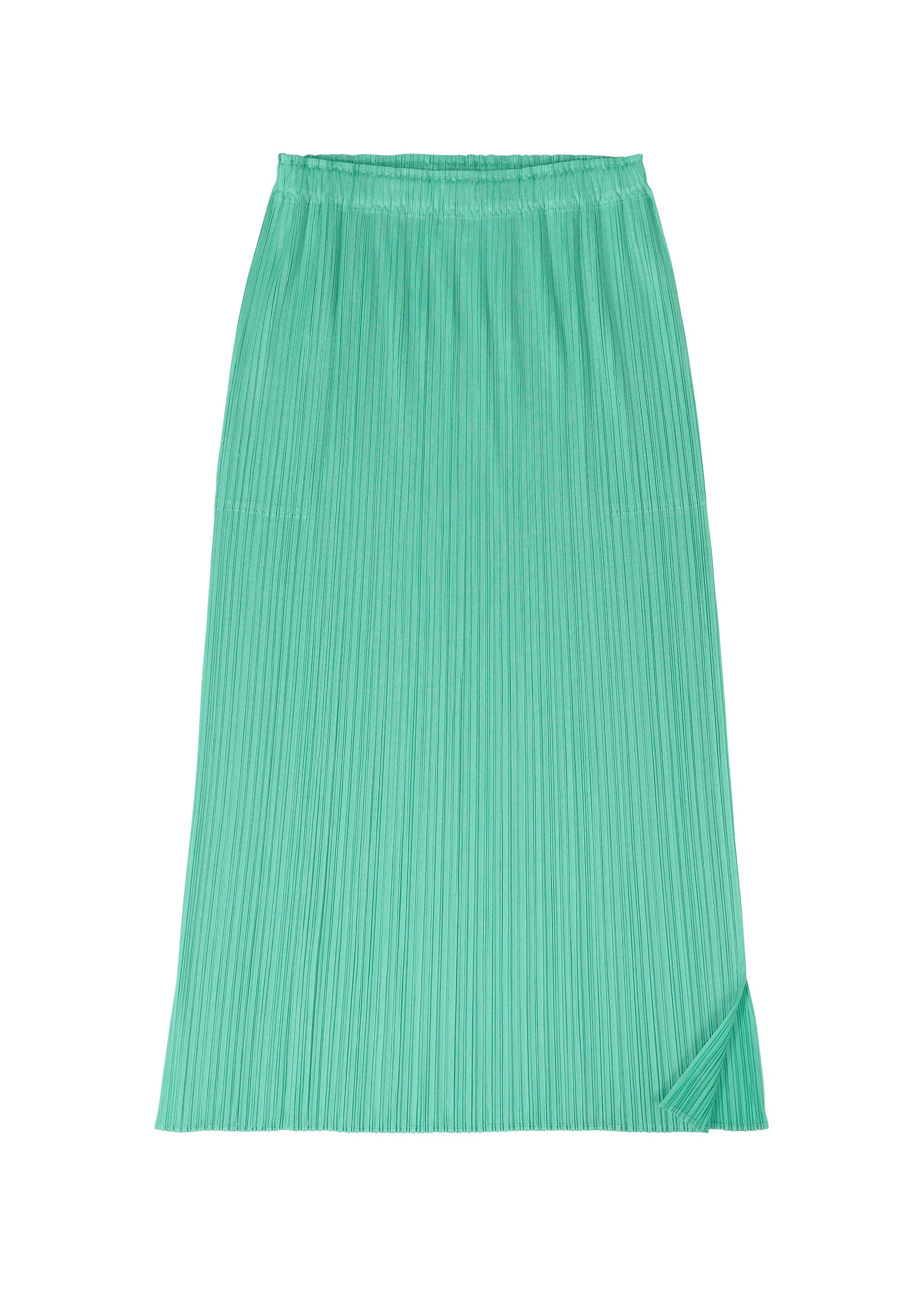 Zoomed view The MONTHLY COLORS : MAY skirt by PLEATS PLEASE ISSEY MIYAKE is a mint green, beach-inspired midi with vertical pleats, an elastic waist, subtle fold at the hem, and a light, flowy texture—ideal for summer days.