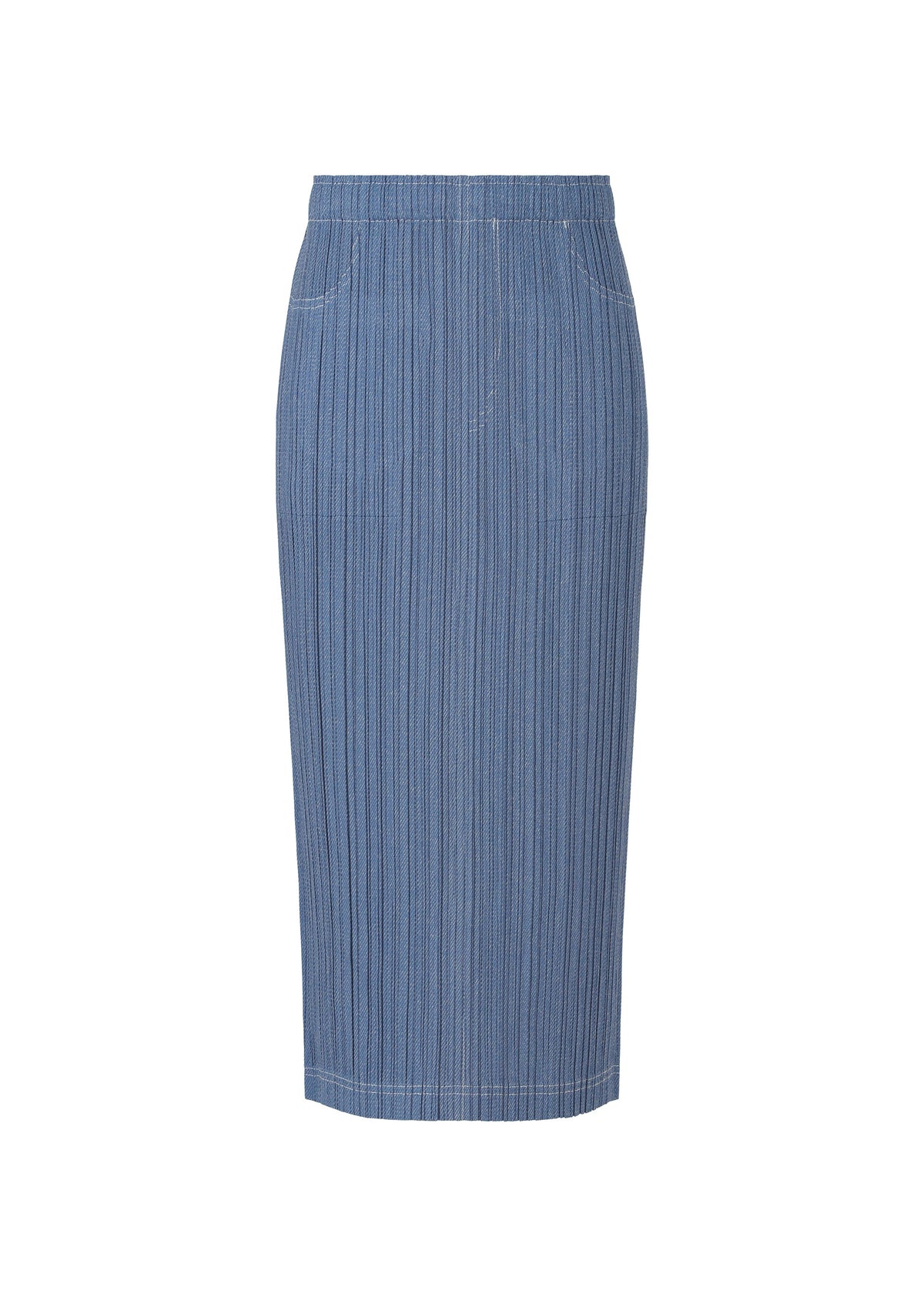 The COTTON DENIM skirt by PLEATS PLEASE ISSEY MIYAKE features an ocean breeze blue with vertical white pinstripes, a knee-length pencil silhouette, soft cotton-blend fabric, elastic waistband, and two front pockets, shown on a white background. view 2 of 8