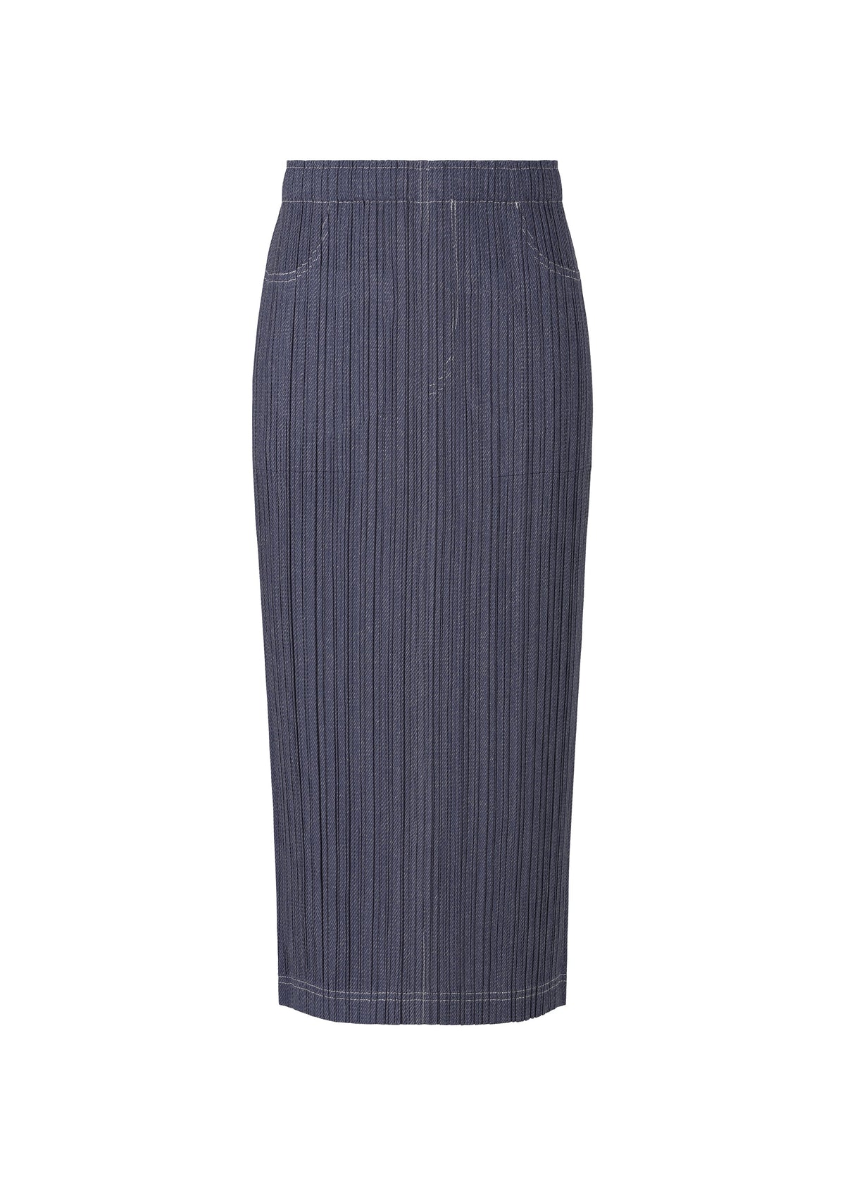 The COTTON DENIM skirt by PLEATS PLEASE ISSEY MIYAKE is a knee-length, high-waisted skirt in ocean breeze with vertical pinstripes, visible front pockets, and made from a cotton-blend fabric, shown against a white background. view 3 of 8