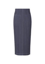 The COTTON DENIM skirt by PLEATS PLEASE ISSEY MIYAKE is a knee-length, high-waisted skirt in ocean breeze with vertical pinstripes, visible front pockets, and made from a cotton-blend fabric, shown against a white background. - NAVY (no.75)