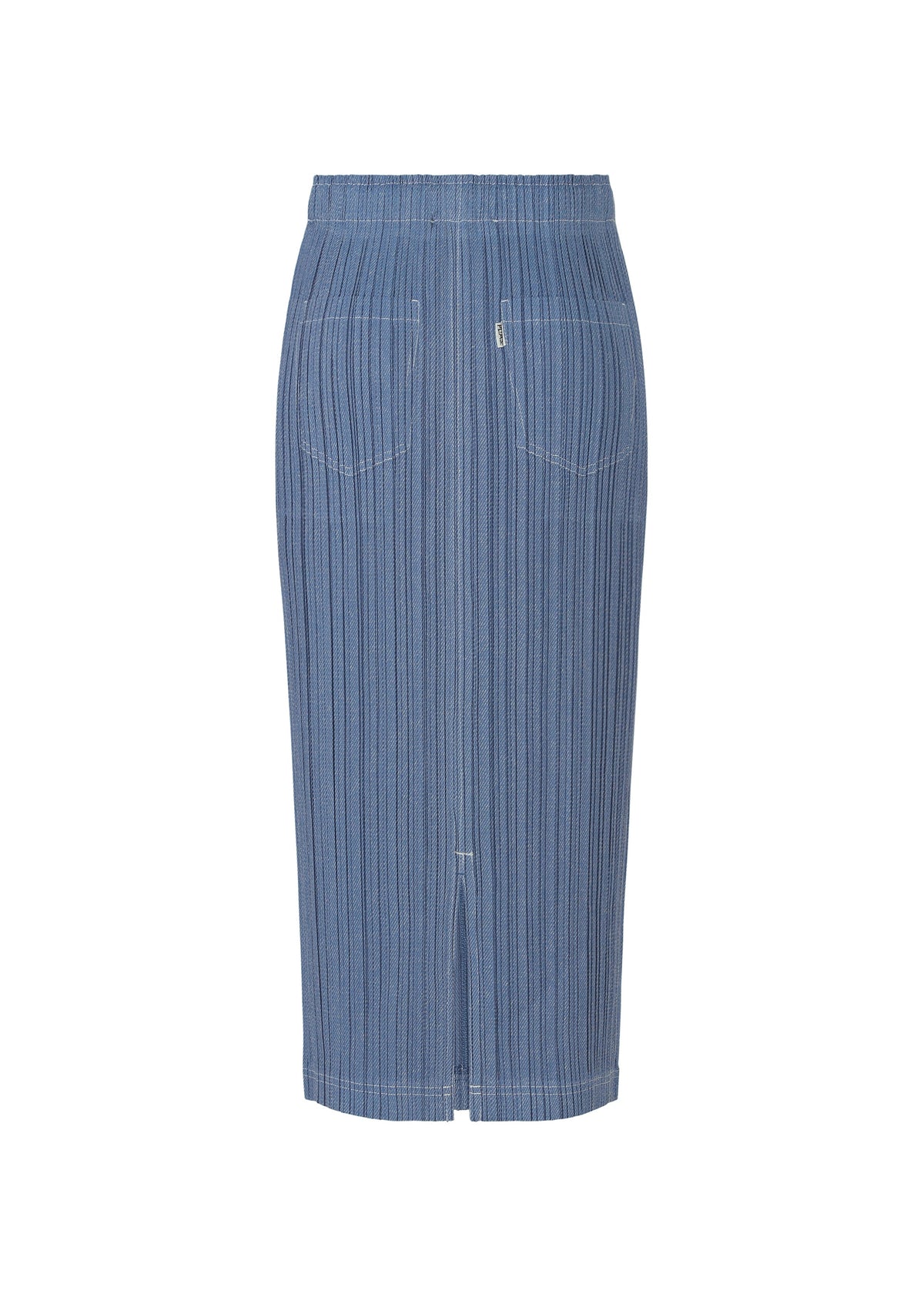 The COTTON DENIM skirt by PLEATS PLEASE ISSEY MIYAKE is high-waisted, knee-length, in ocean breeze with vertical white pinstripes, front pockets, belt loops, and a center slit. Shown against a white background. view 4 of 8