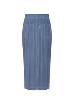 The COTTON DENIM skirt by PLEATS PLEASE ISSEY MIYAKE is high-waisted, knee-length, in ocean breeze with vertical white pinstripes, front pockets, belt loops, and a center slit. Shown against a white background.