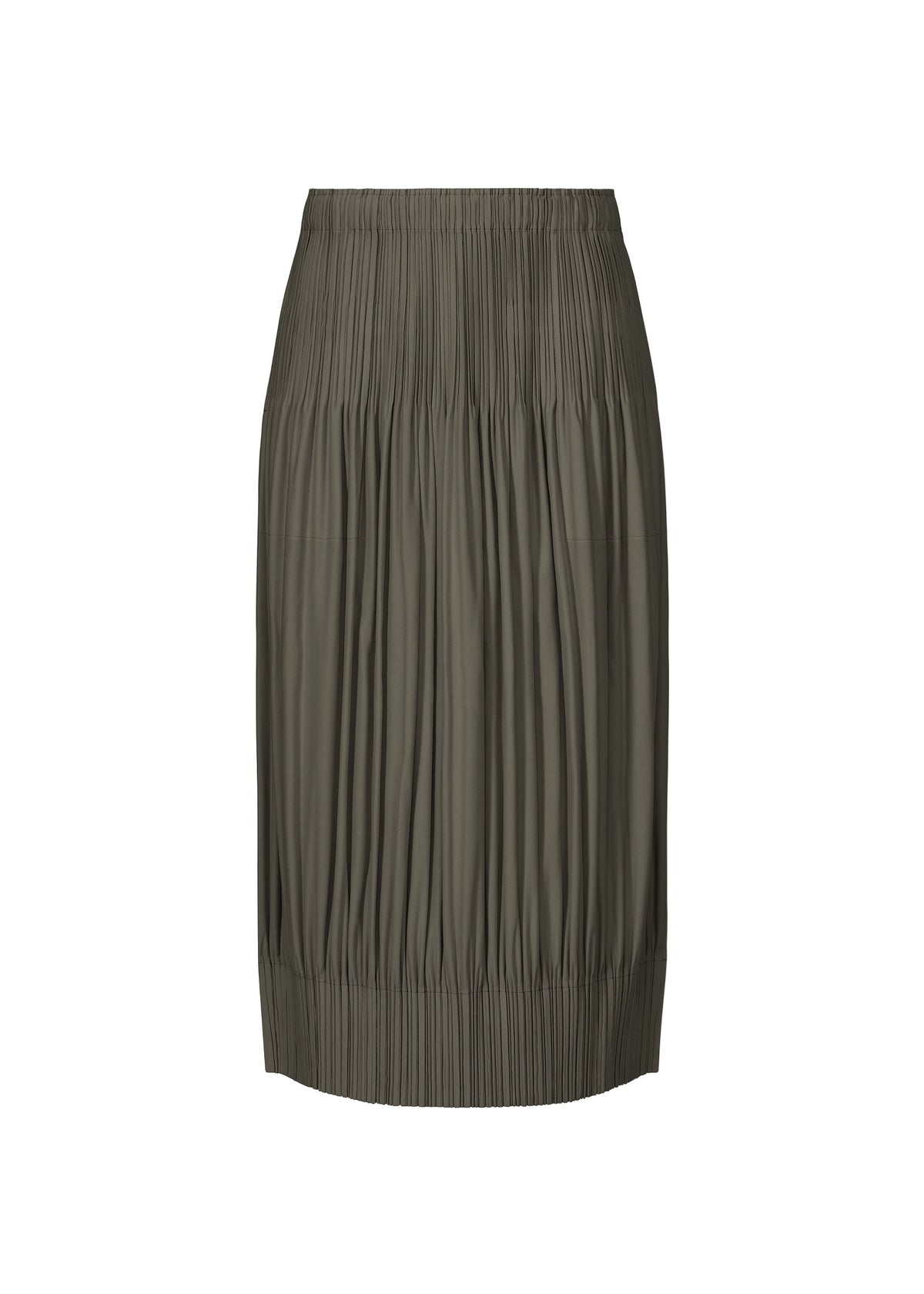 The OPAQUE BOTTOMS skirt by PLEATS PLEASE ISSEY MIYAKE is an olive green, knee-length piece with a relaxed silhouette, pleated texture, elastic waistband, and matte finish—shown on a white background. view 2 of 7