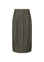 The OPAQUE BOTTOMS skirt by PLEATS PLEASE ISSEY MIYAKE is an olive green, knee-length piece with a relaxed silhouette, pleated texture, elastic waistband, and matte finish—shown on a white background. - CHARCOAL （no.17）