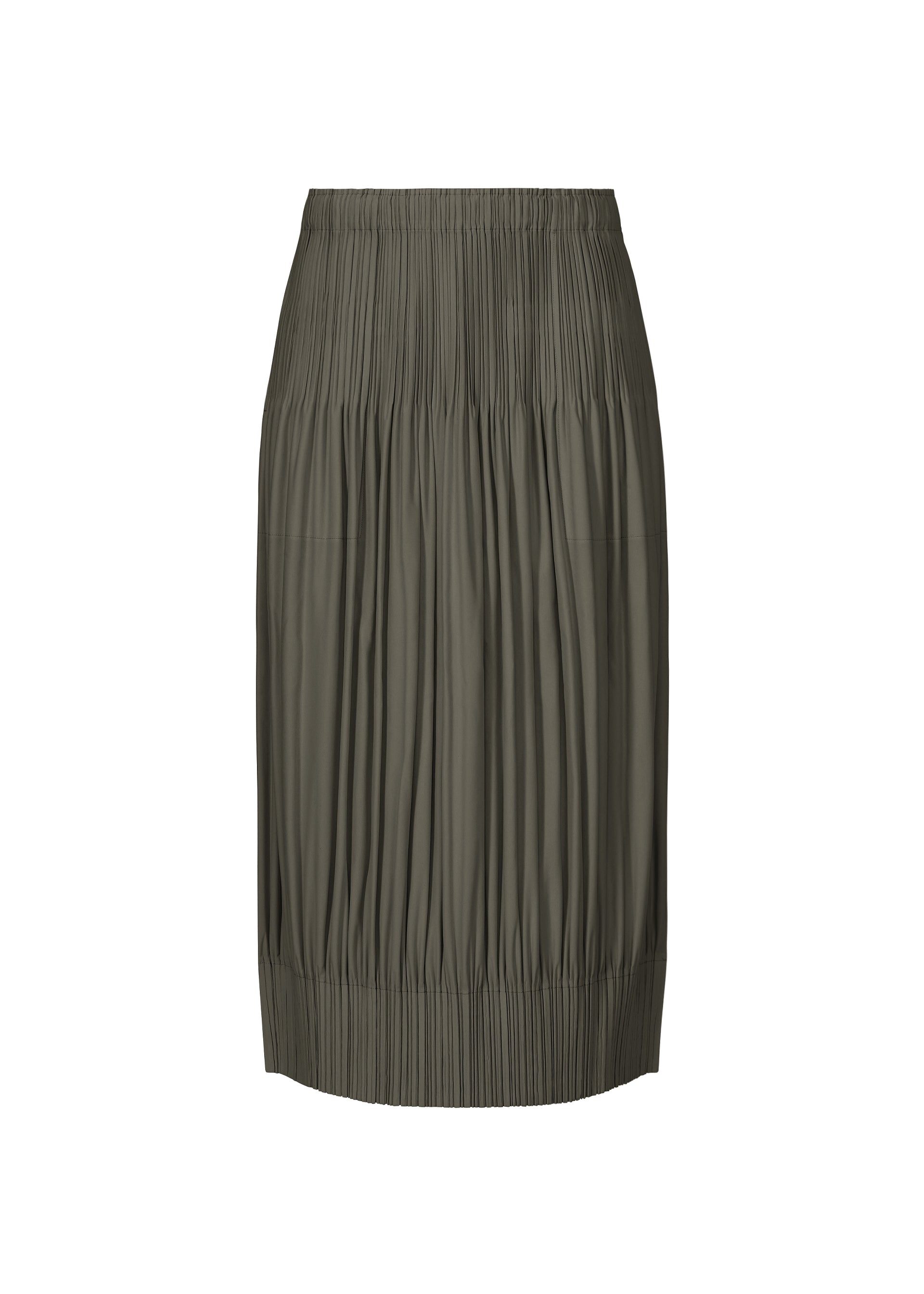 Zoomed view The OPAQUE BOTTOMS skirt by PLEATS PLEASE ISSEY MIYAKE is an olive green, knee-length piece with a relaxed silhouette, pleated texture, elastic waistband, and matte finish—shown on a white background. - CHARCOAL （no.17）