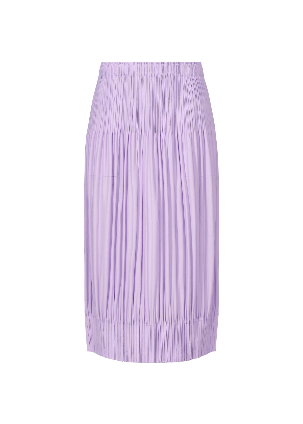 The OPAQUE BOTTOMS by PLEATS PLEASE ISSEY MIYAKE is a light purple, knee-length skirt with a relaxed fit, elastic waistband, and vertical pleats, shown on a plain white background. view 3 of 7