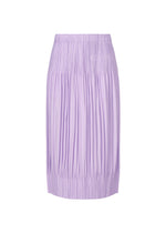 The OPAQUE BOTTOMS by PLEATS PLEASE ISSEY MIYAKE is a light purple, knee-length skirt with a relaxed fit, elastic waistband, and vertical pleats, shown on a plain white background. - LIGHT PURPLE （no.80）