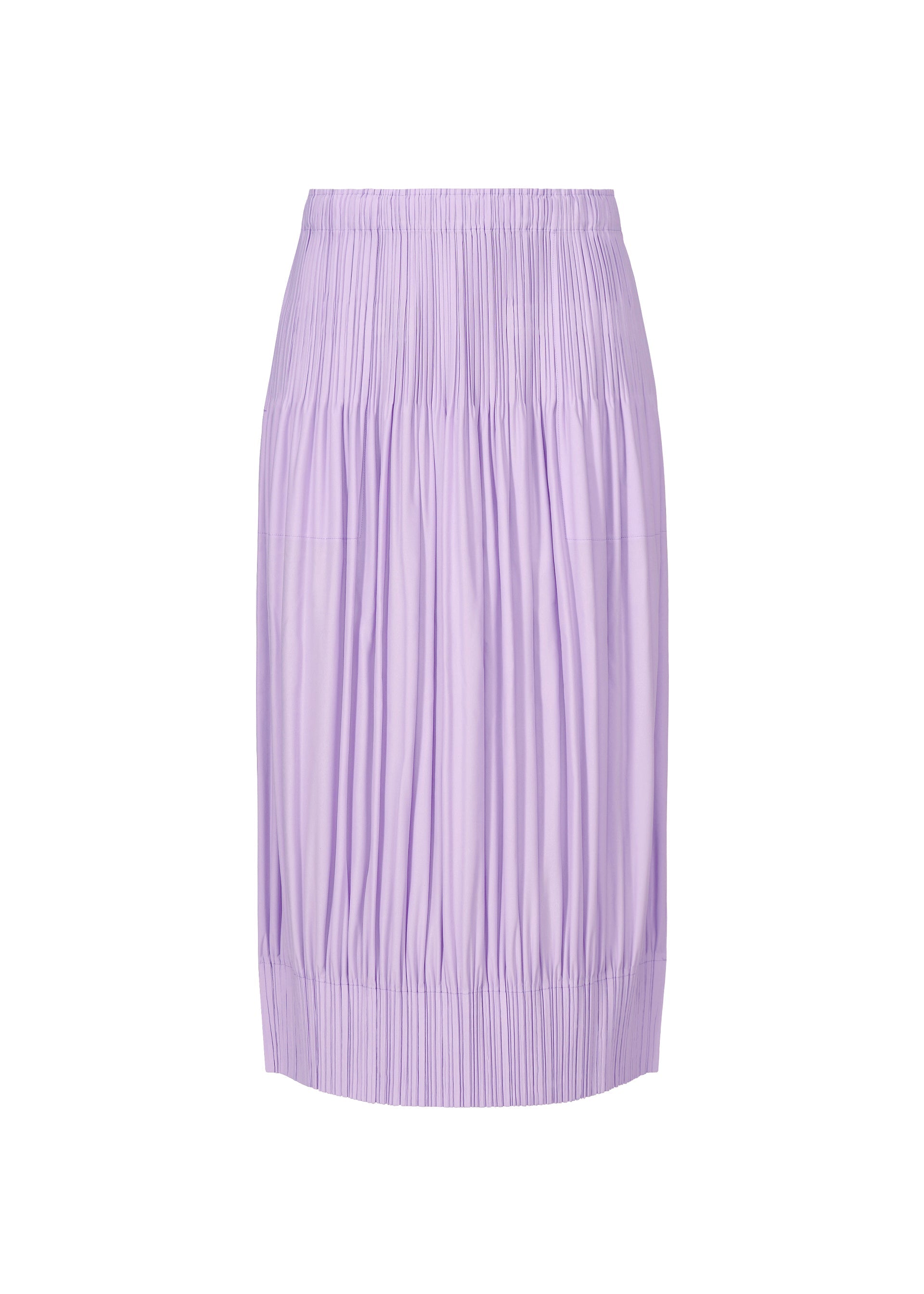 Zoomed view The OPAQUE BOTTOMS by PLEATS PLEASE ISSEY MIYAKE is a light purple, knee-length skirt with a relaxed fit, elastic waistband, and vertical pleats, shown on a plain white background. - LIGHT PURPLE （no.80）