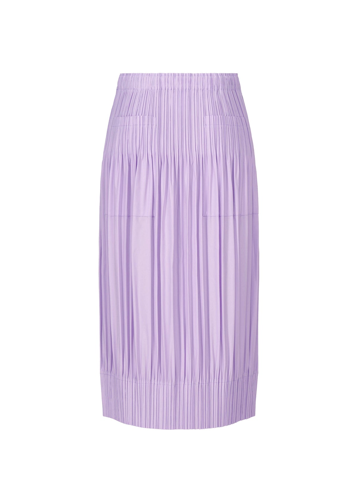 The OPAQUE BOTTOMS skirt by PLEATS PLEASE ISSEY MIYAKE is a light purple, knee-length piece with an elastic waistband and hem, vertical pleats, subtle front pockets, and a relaxed silhouette in lightweight, slightly shiny fabric. view 4 of 7