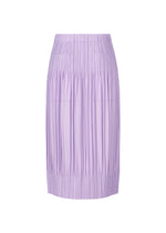 The OPAQUE BOTTOMS skirt by PLEATS PLEASE ISSEY MIYAKE is a light purple, knee-length piece with an elastic waistband and hem, vertical pleats, subtle front pockets, and a relaxed silhouette in lightweight, slightly shiny fabric.
