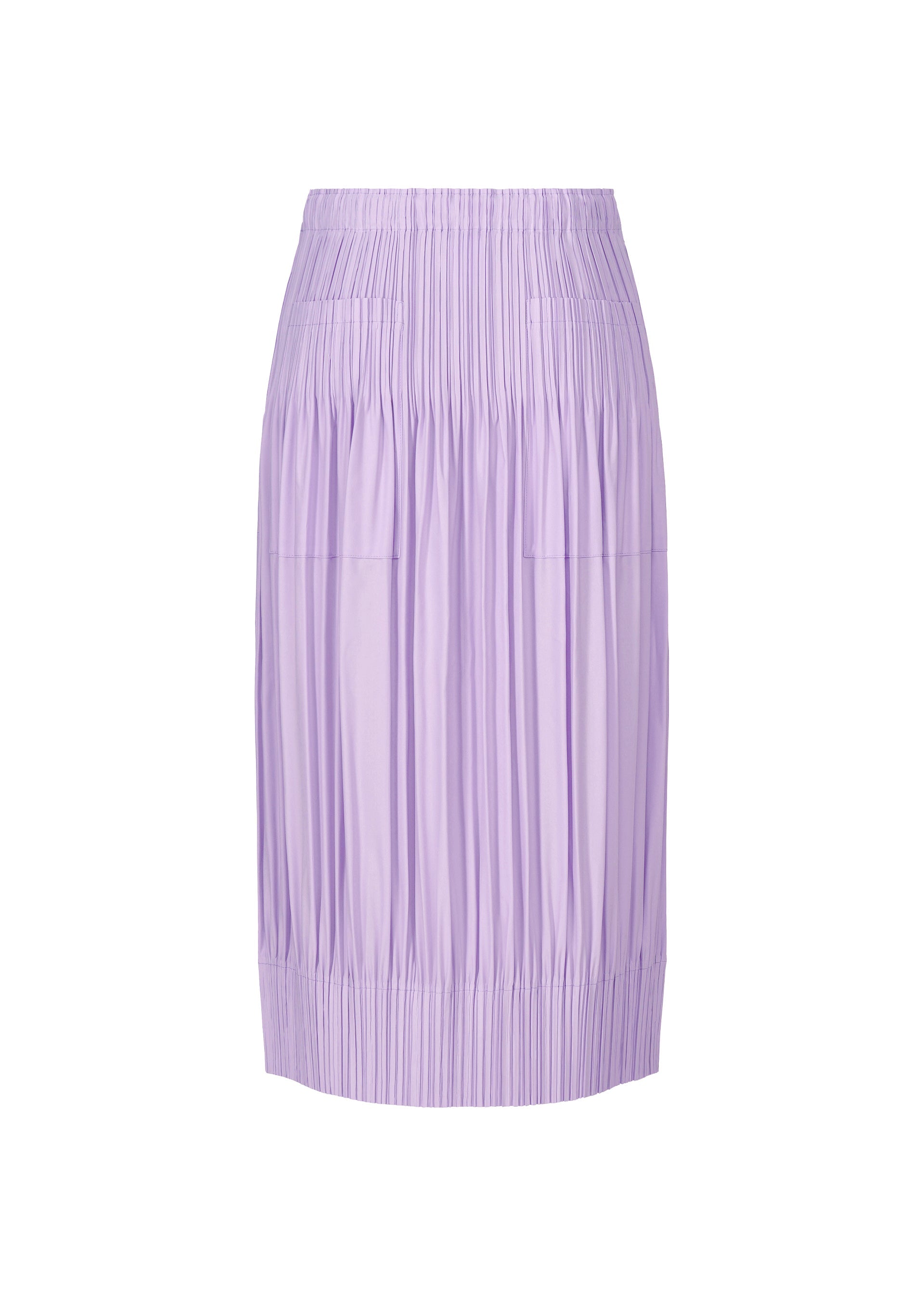 Zoomed view The OPAQUE BOTTOMS skirt by PLEATS PLEASE ISSEY MIYAKE is a light purple, knee-length piece with an elastic waistband and hem, vertical pleats, subtle front pockets, and a relaxed silhouette in lightweight, slightly shiny fabric.